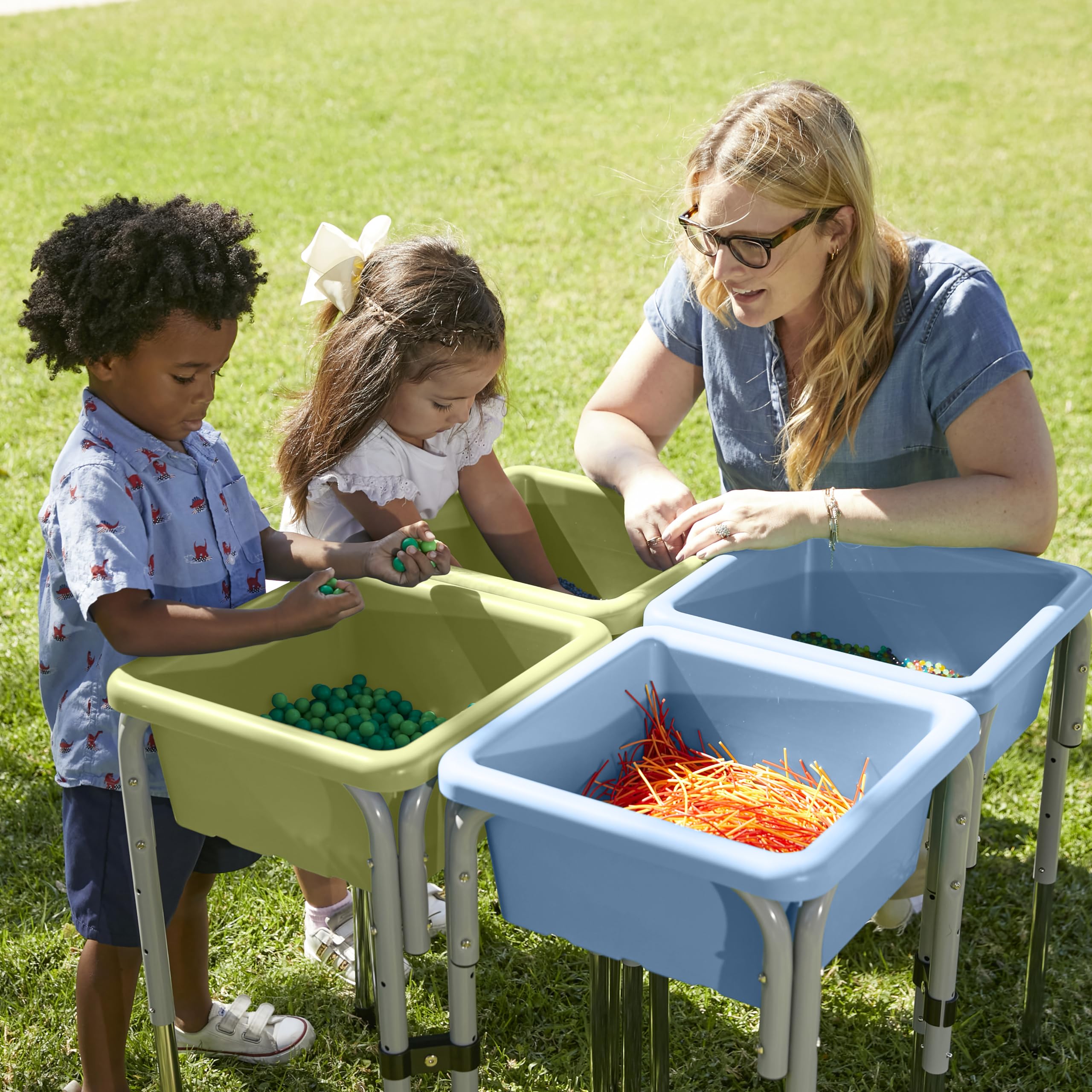 ECR4Kids 4-Station Adjustable Sand and Water Play Table with Sensory Bins - Fern Green & Powder Blue for Kids Indoor/Outdoor Sensory Play, Preschool Learning Activities, and Backyard Fun