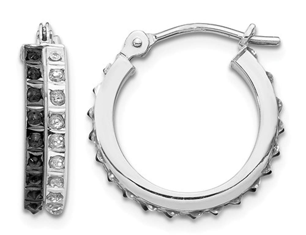 14K White Gold Round Hinged Hoop Earrings with White & Black Diamond Accents (2/3 Inch) - Perfect for Weddings, Parties & Everyday Elegance