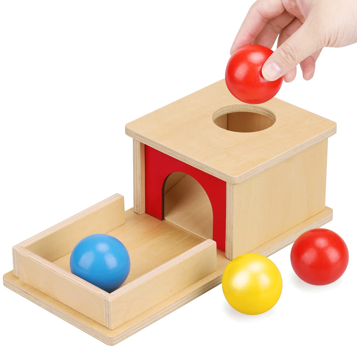 Montessori Wooden Ball Drop Toy Box with Tray & 3 Balls - Object Permanence Learning Toy for Babies 6-12 Months - Early Educational Montessori Baby Toy for Sensory Play & Fine Motor Skills Development - Perfect for Daycare, Homeschooling & Toddler Playtime