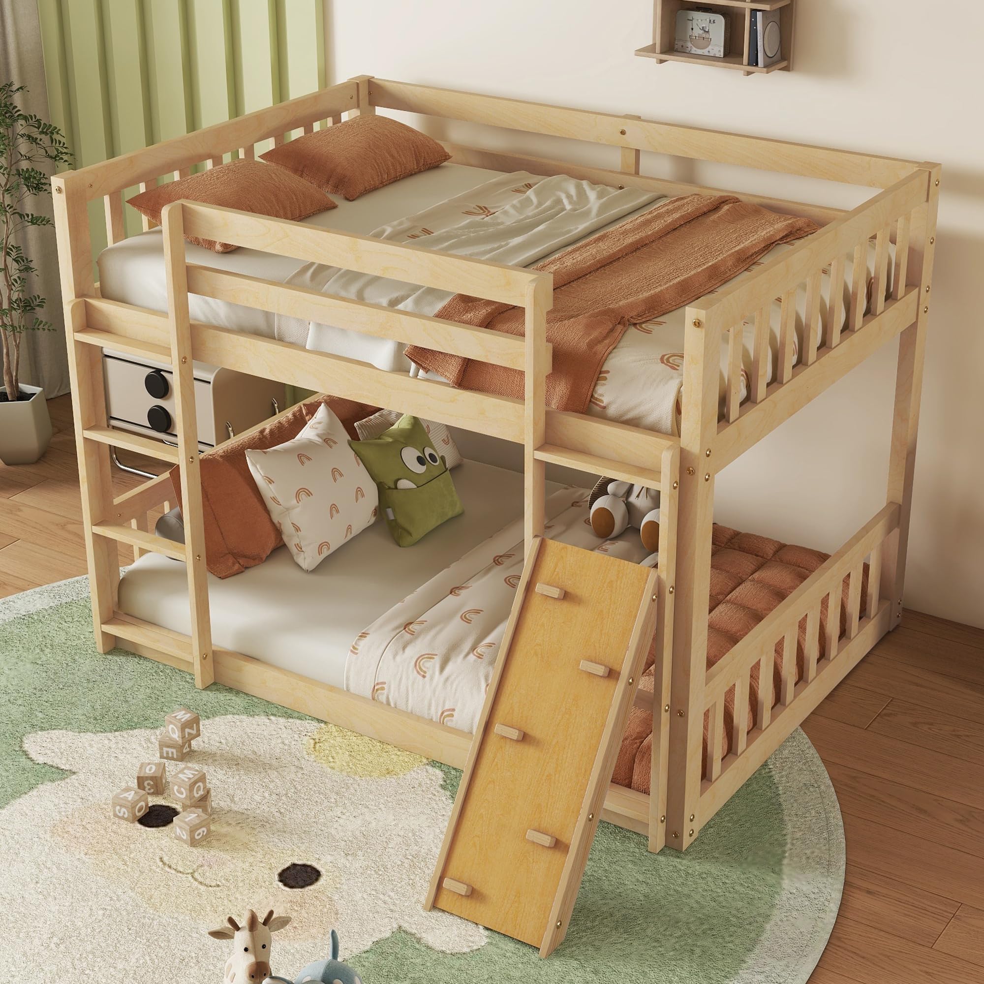 Harper & Bright Designs Twin Over Twin Bunk Bed with Climbing Ramp & Ladder - Safe Playhouse Floor Bunk Bed for Kids with Sturdy Guardrails - Natural Wood Finish - Perfect for Small Bedrooms, Shared Kids' Rooms & Sleepovers