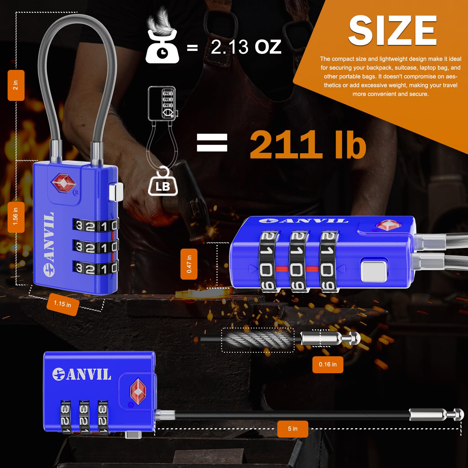 TSA Approved 3-Digit Combination Cable Luggage Lock - Zinc Alloy Steel Travel Padlock for Suitcases, Backpacks & Lockers | Secure Toolbox, Gym Bags & School Lockers (2-Pack, Blue)
