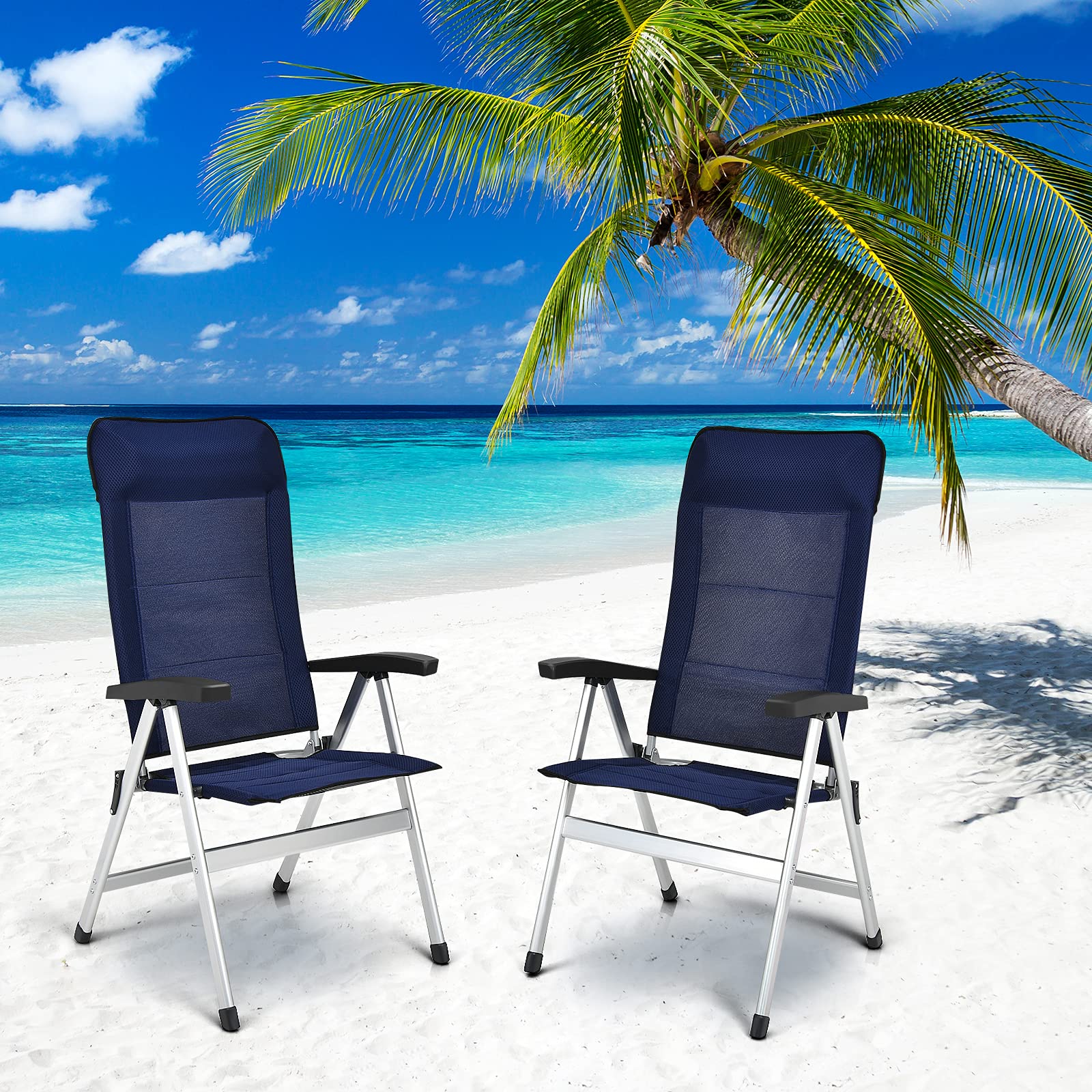 Giantex Set of 2 Folding Outdoor Patio Chairs - Adjustable High Back Recliner with Headrest & Armrests, 7-Level Camping Lawn Chairs for Porch, Balcony, Backyard & Beach - Durable & Comfortable Blue Furniture