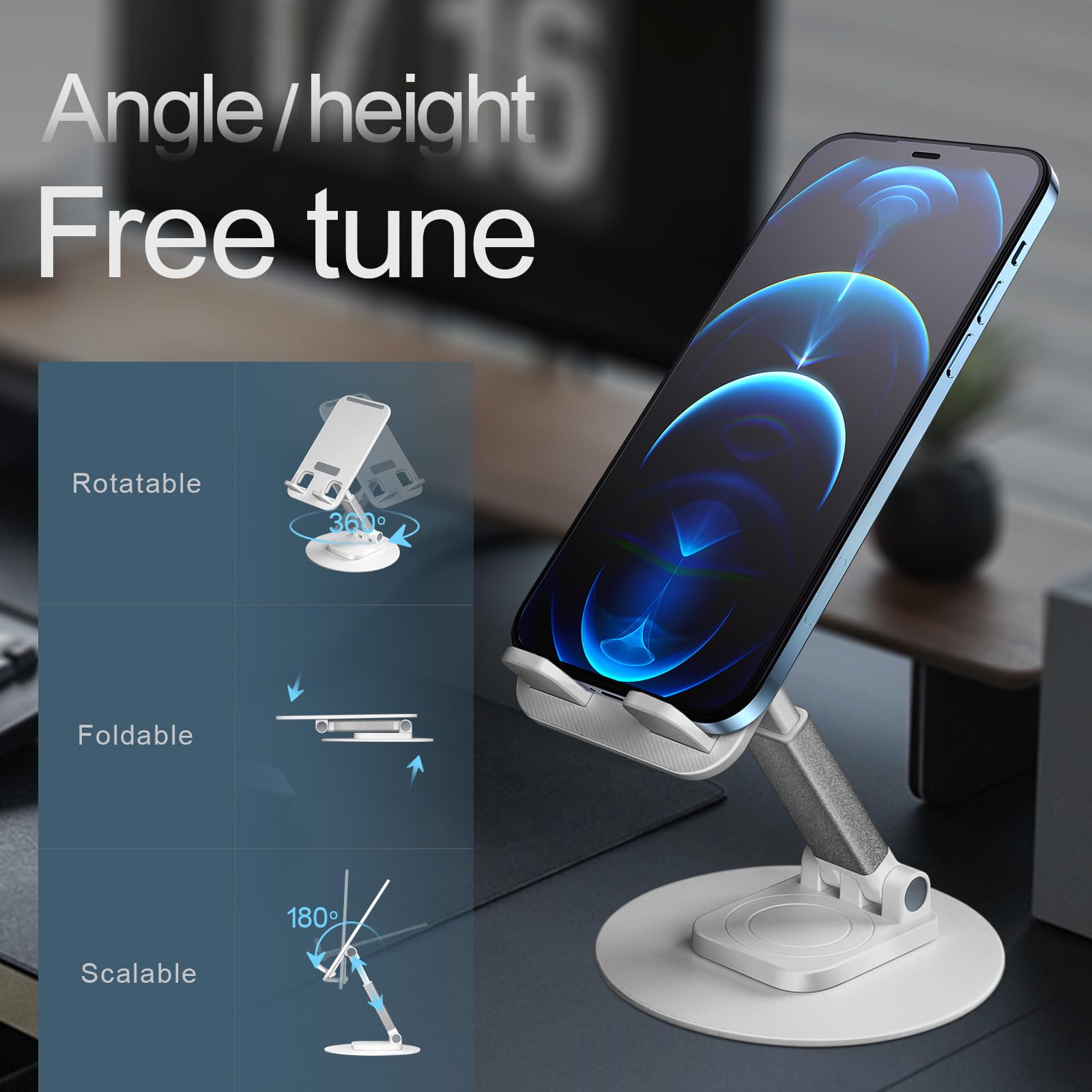 Adjustable 360° Rotating Phone Stand - XcaseBar Universal Cell Phone Holder for All Smartphones (White) | Perfect for Desk, Bedside, Office & Video Calls