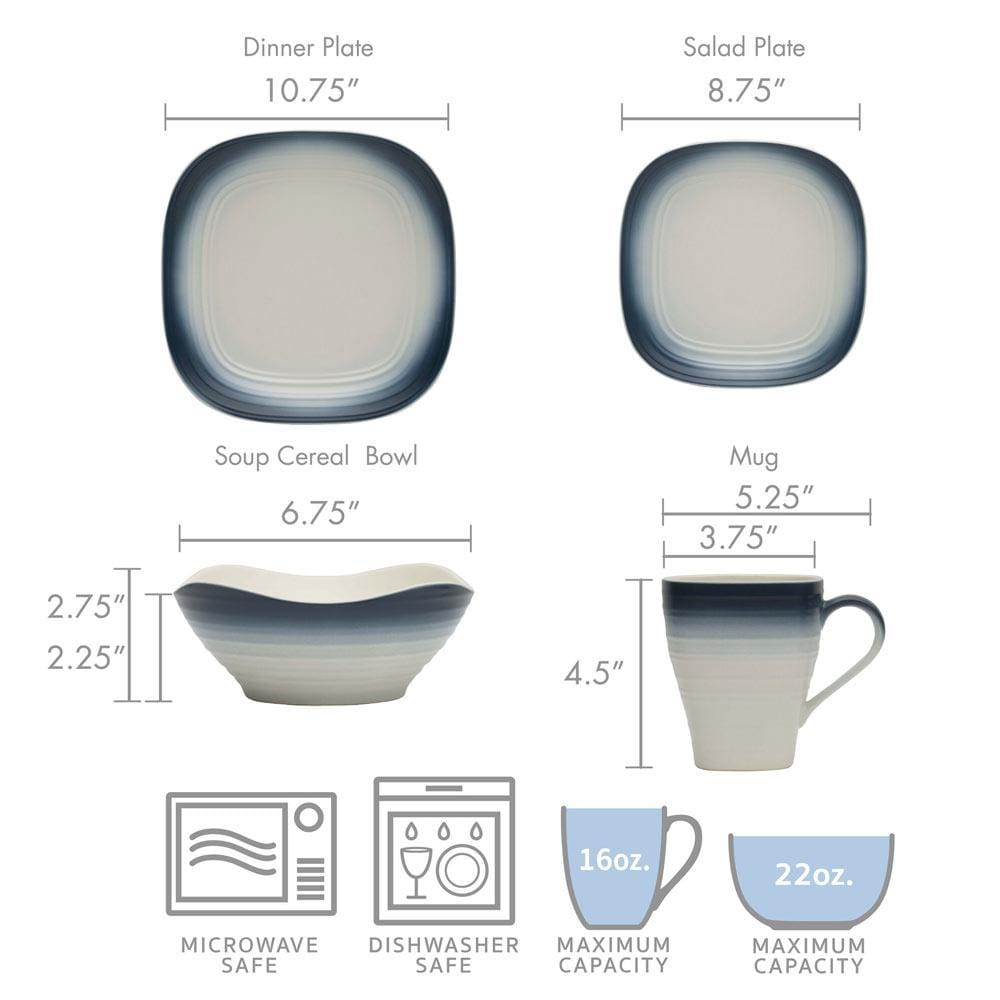 Swirl Ombre Blue Square 16-Piece Dinnerware Set - Service for 4 - Elegant Tableware for Modern Dining, Dinner Parties & Home Decor