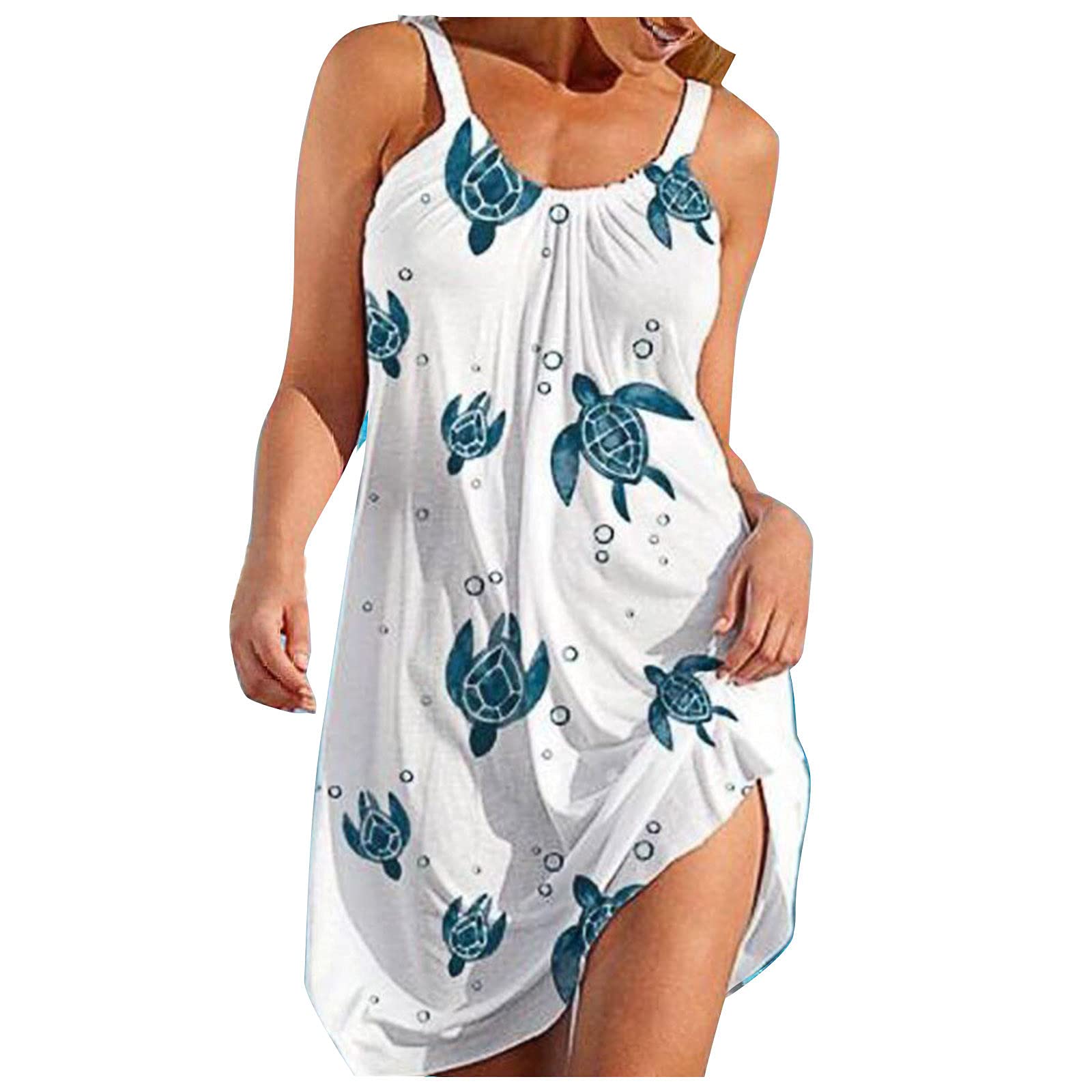 Women's Blue Cartoon Sea Turtle Printed Sleeveless Beach Dress - Casual Summer Tank Dress for Vacation, Pool Party & Tropical Getaway