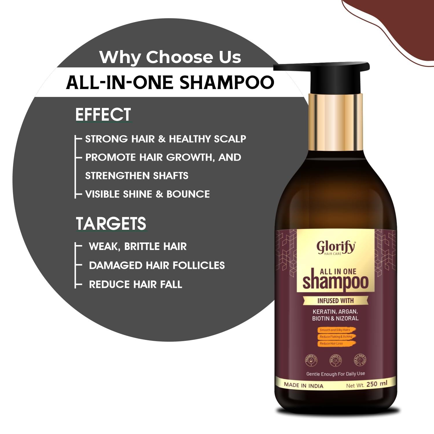 Glorify Biotin Shampoo with Keratin & Collagen for Hair Growth & Strength | Volumizing & Anti-Dandruff Shampoo | Reduces Itching & Repairs Damaged Hair | Controls Hair Loss for Men & Women | 250ml | Perfect for Daily Use & Hair Care Routine