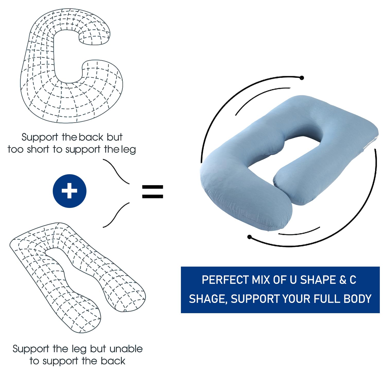 Cauzyart U-Shaped Pregnancy Pillow - Full Body Maternity Support Pillow for Pregnant Women with Cooling Silky Cover (Blue) | Comfortable Sleeping Aid for Side Sleepers & Expecting Mothers