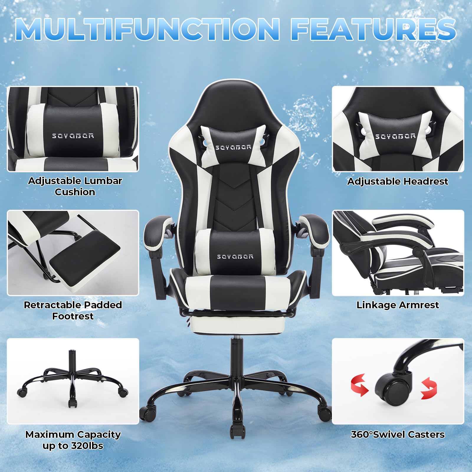 Premium Ergonomic Gaming Chair with Footrest & Massage - Adjustable High Back PU Leather Computer Desk Chair for Adults, Swivel Recliner Office Chair | Perfect for Esports, Streaming, Home Office & Video Gaming Sessions