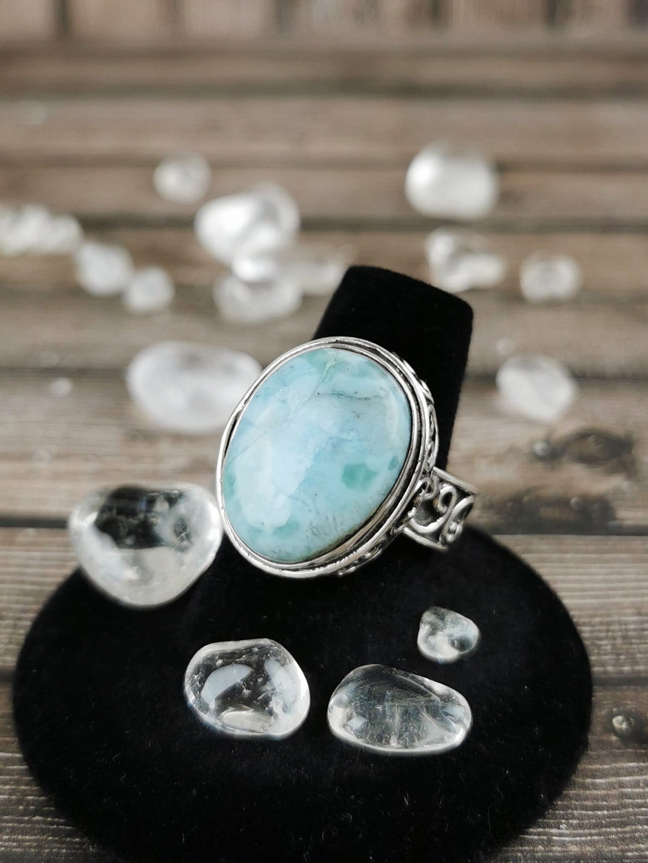 Natural Chunky Larimar Ring for Women - Size 8 - Handmade Sterling Silver Jewelry - Perfect for Boho Fashion, Beach Vacations & Gift Giving