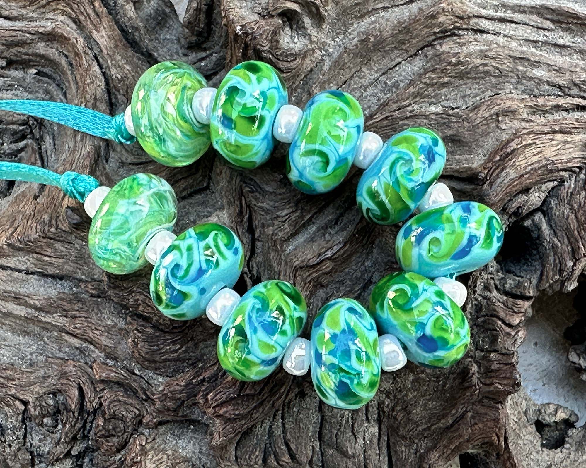 10pcs Ocean Breeze Green Glass Lampwork Beads Set - Handmade SRA Certified Beads for Jewelry Making, DIY Crafts & Home Decor | Perfect for Necklaces, Bracelets and Scrapbooking Projects
