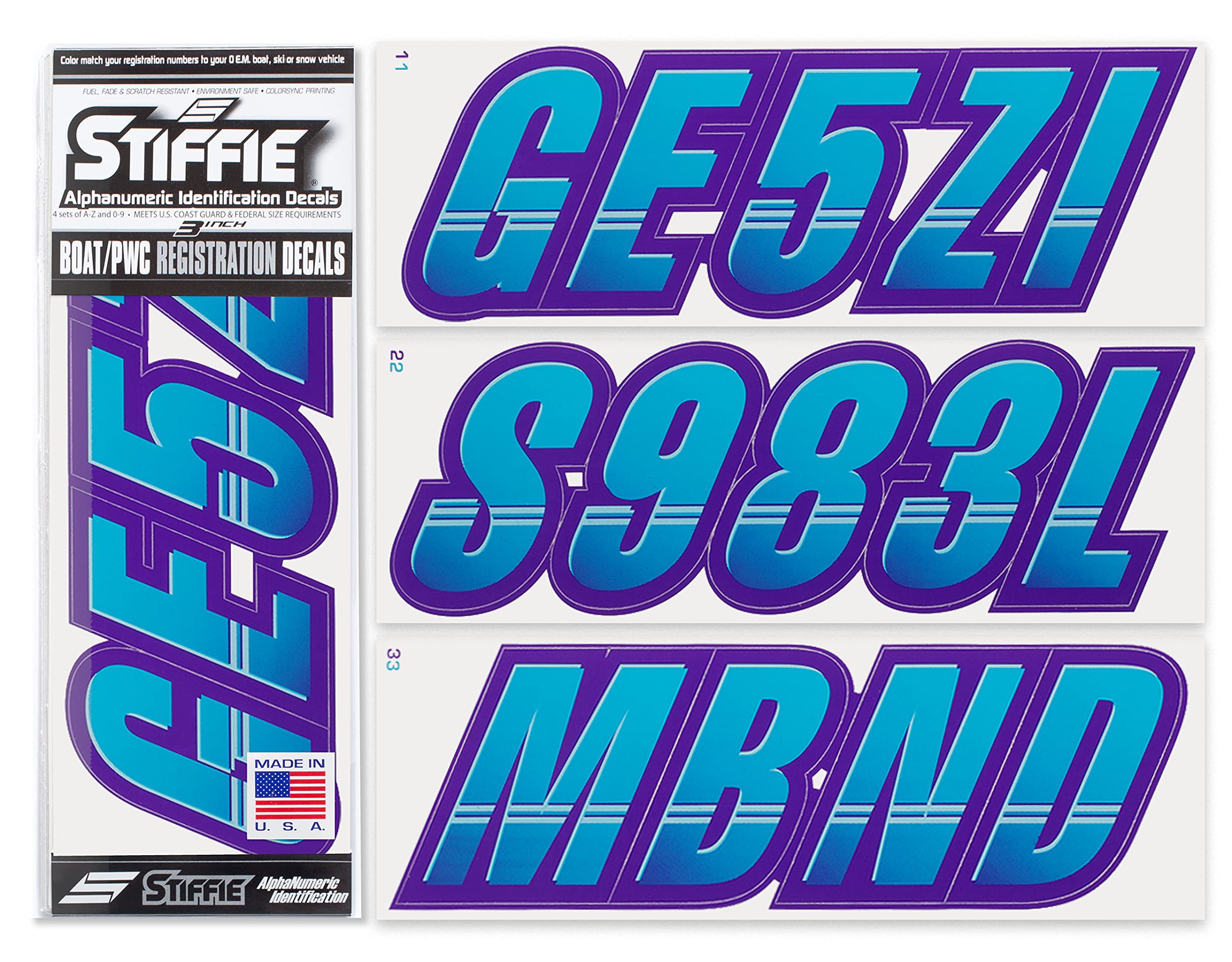 STIFFIE Techtron Sky Blue/Purple 3 Inch Boat & PWC Registration Numbers Decals - Durable Vinyl Letter Stickers for Watercraft, Jet Ski, Kayak & Marine Vessel Identification