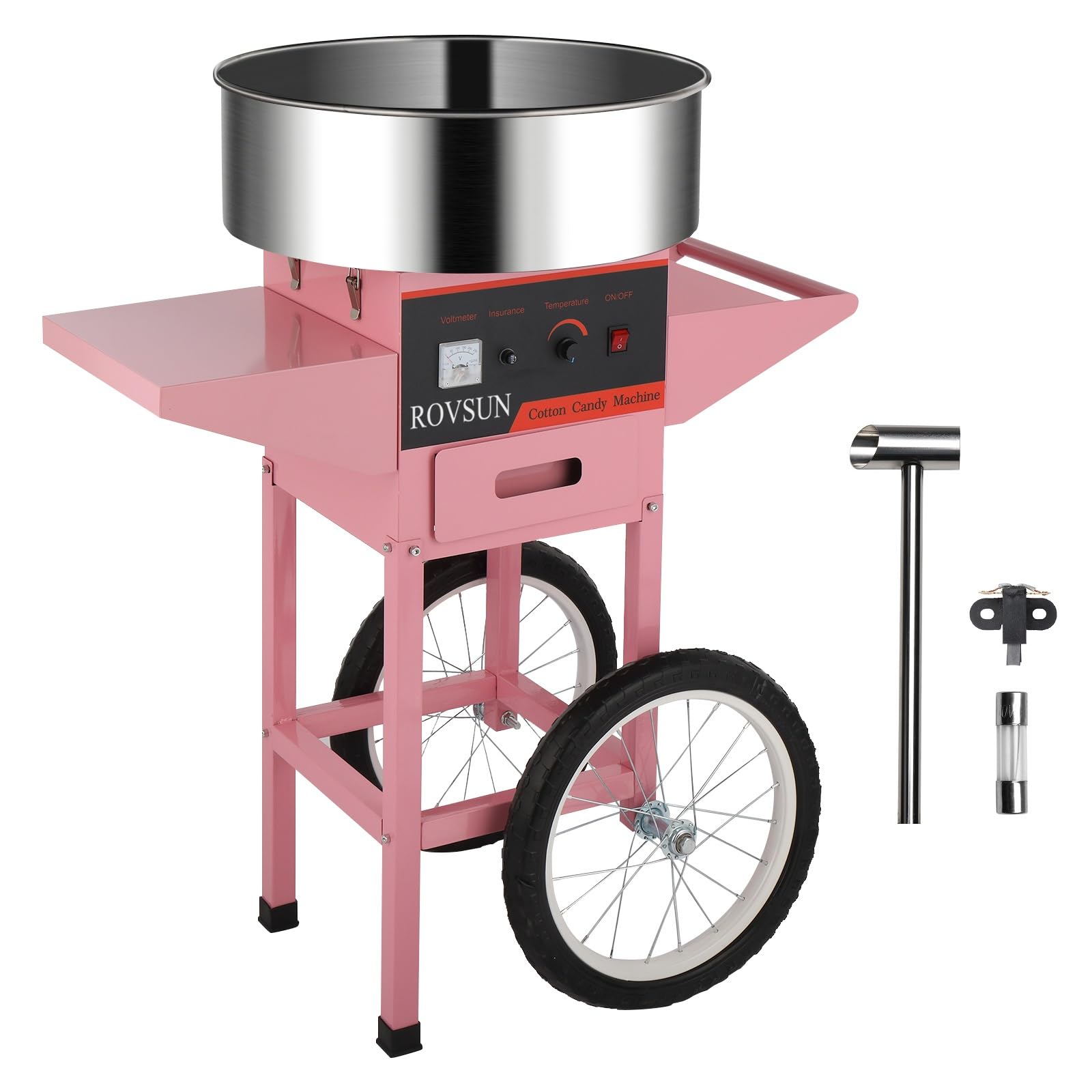 ROVSUN 21 Inch Commercial Cotton Candy Machine Cart - Stainless Steel Bowl Candy Floss Maker with Sugar Scoop & Storage Drawer - Perfect for Home Parties, Carnivals, Fairs & Events (Pink)