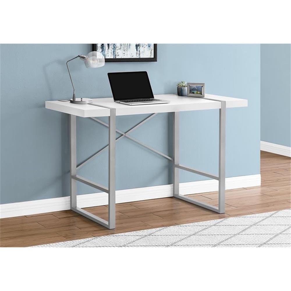 Pemberly Row Solid Wood Computer Desk with X-Shaped Base - White & Silver Finish for Home Office, Gaming, and Study Spaces
