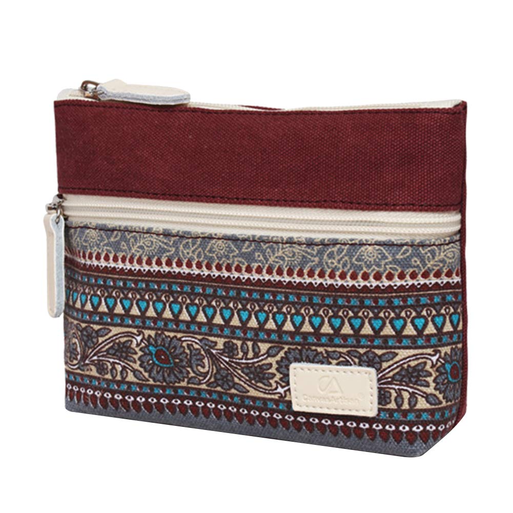 Vintage Canvas Coin Purse with Zipper - Women's Small Clutch Bag for Coins, Cosmetics & Phone Holder | Wine Red | Perfect for Travel, Shopping & Everyday Essentials Organization