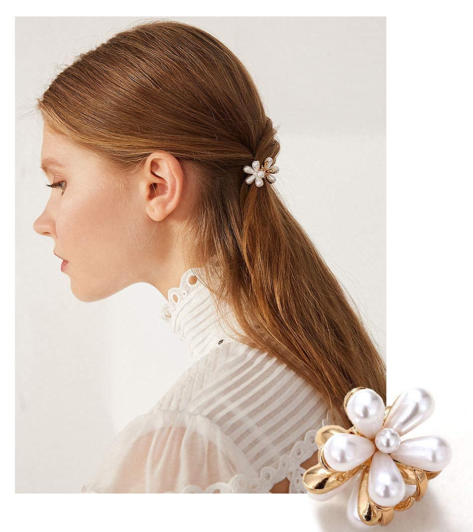 Elegant Starvis Mini Pearl Hair Claw Clips - Gold Metal Flower Hair Barrettes for Women & Girls (10-Pack, White) | Perfect for Updos, Ponytails & Everyday Hairstyles