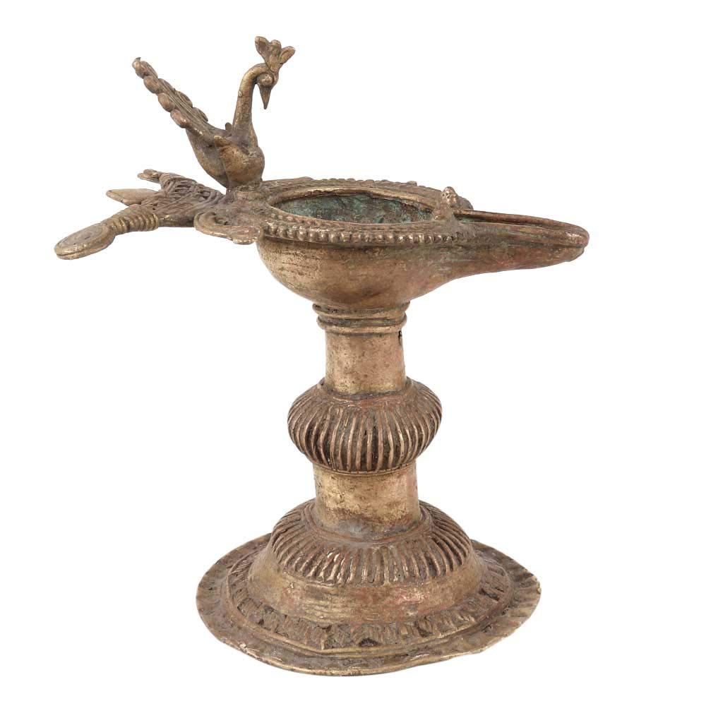Handmade Brass Peacock Figurine Oil Lamp - 6 Inch Traditional Indian Diya for Puja Rituals, Kerala Temple Decor & Home Meditation Altar - Ancient Pital Deepak SNP-204