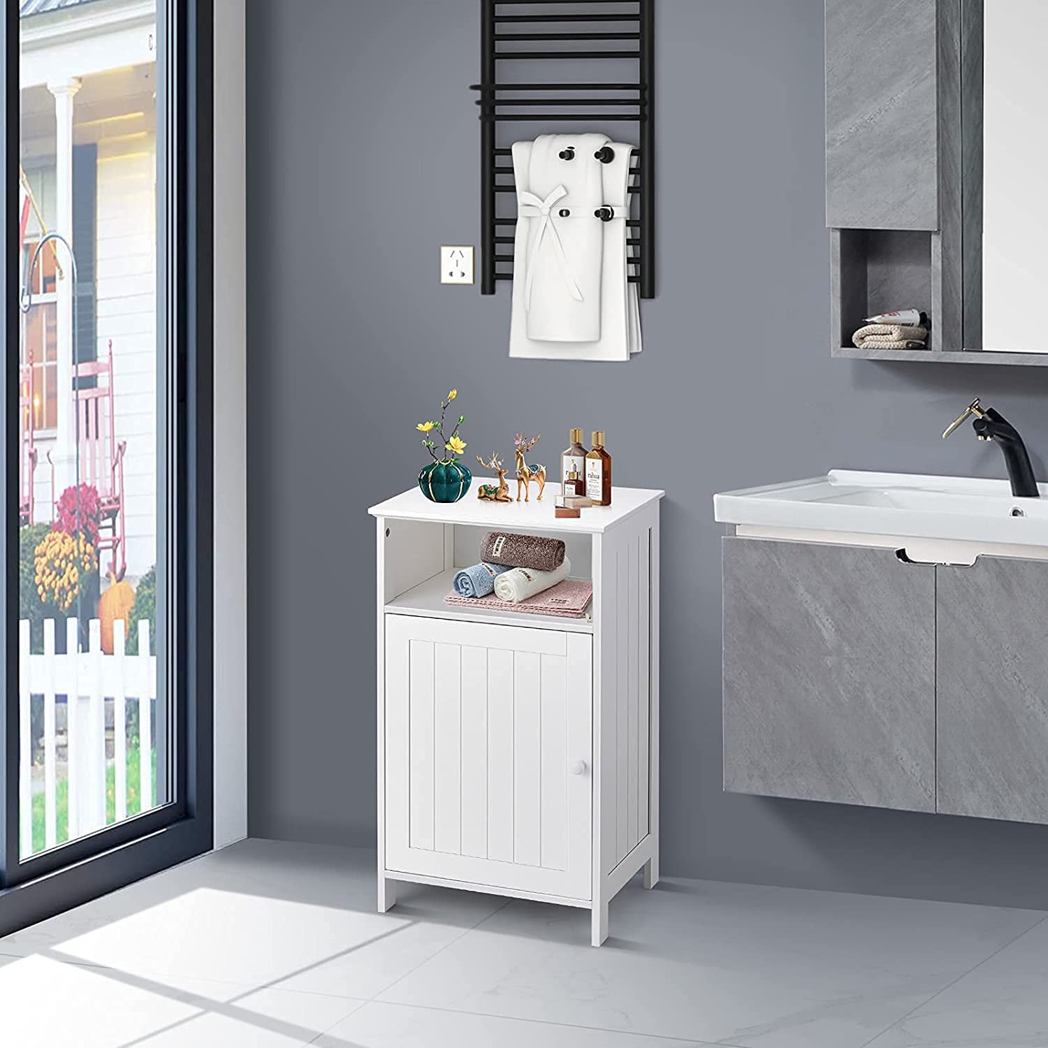 Safeplus Small Floor Storage Cabinet with Drawer & Door - White Bathroom Organizer for Toiletries, Towels & Cleaning Supplies | Perfect for Bathroom, Laundry Room & Small Space Organization