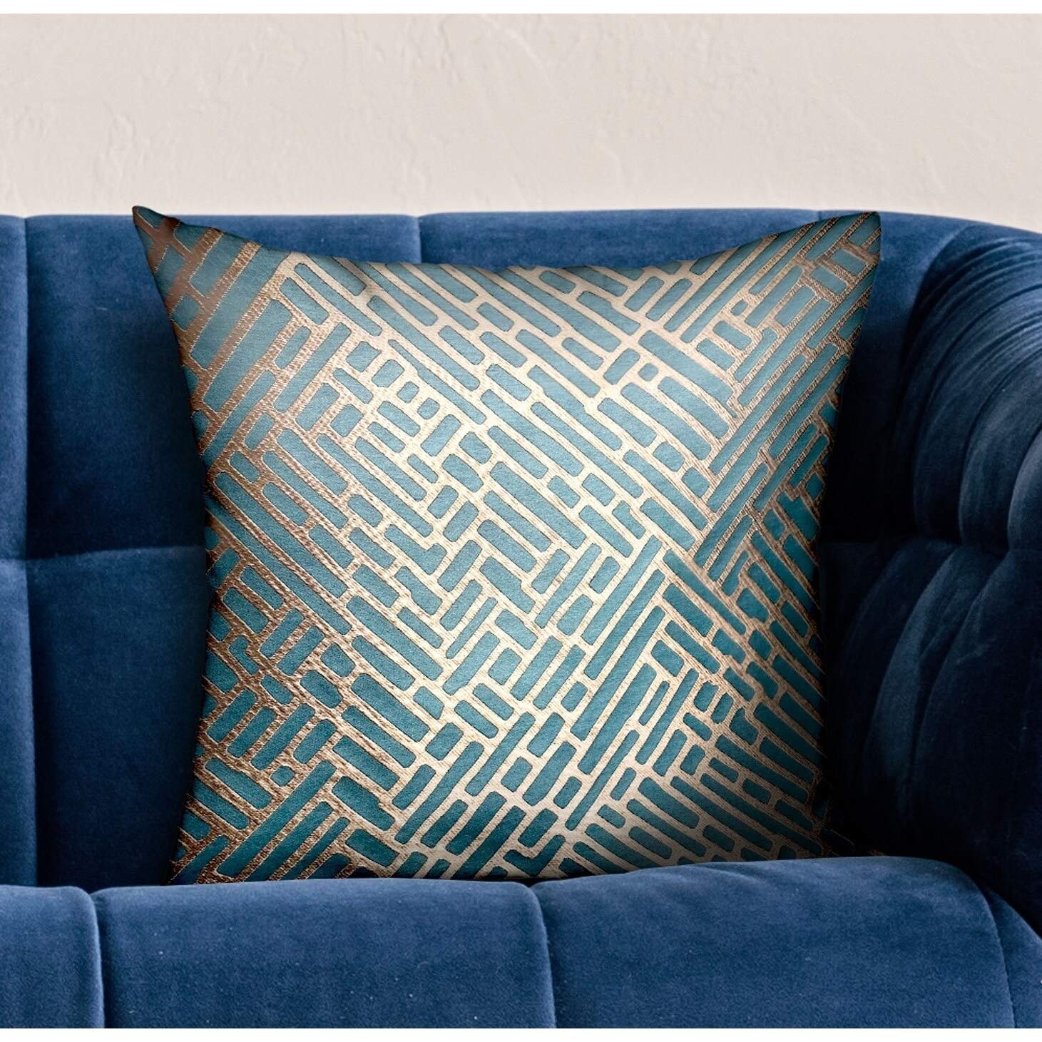 Plutus Golden Brick Blue Geometric Luxury Throw Pillow - Double Sided Decorative Cushion Cover 20x26 Inches - Perfect for Sofa, Bed, Living Room & Home Decor
