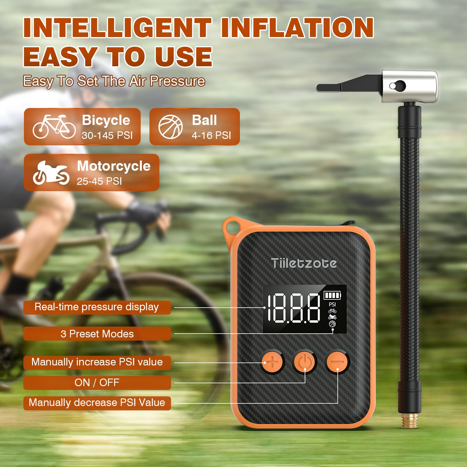 130 PSI Electric Mini Bike Pump - Portable Rechargeable Bicycle Tire Inflator with Pressure Gauge & Auto-Shutoff - Compatible with Presta & Schrader Valves - Perfect for Mountain, City & Road Bikes - Great for Emergency Repairs, Commuting & Outdoor Adventures