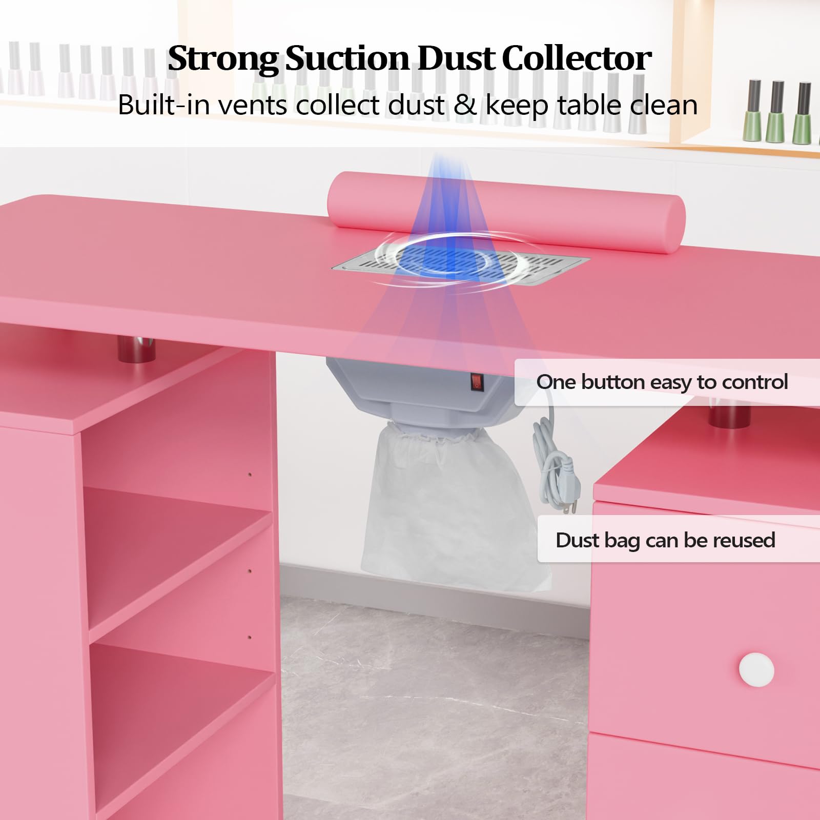 OmySalon Professional Manicure Table Nail Desk for Nail Technicians - Electric Downdraft Ventilation System, Lockable Wheels, Wrist Cushion & Storage Shelves - Perfect for Salon, Spa & Home Nail Studio (Pink)