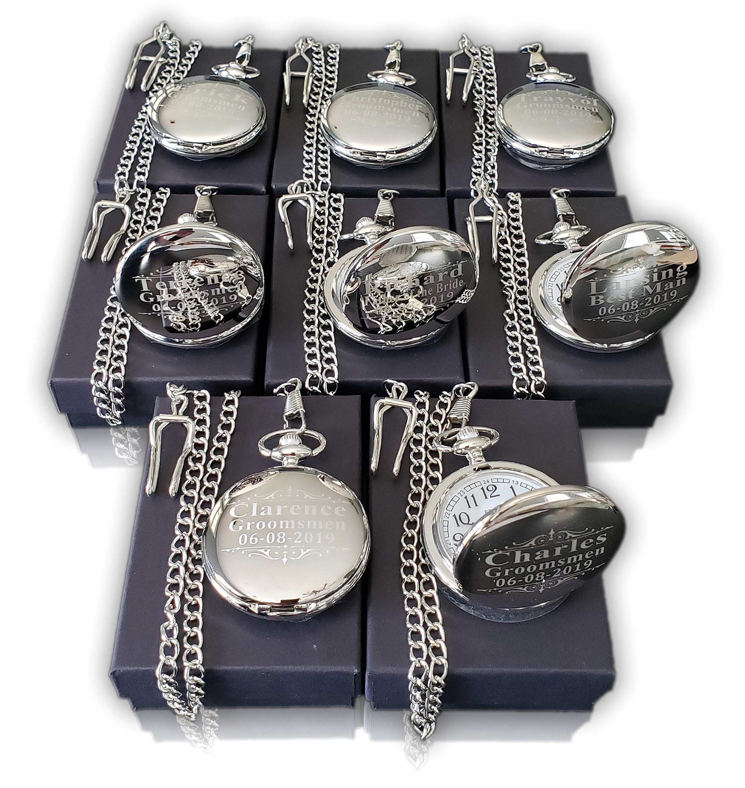 7 Custom Engraved Pocket Watches with Gift Box & Buckle Chain - Battery Included, Assorted Colors (Set of 7) | Vintage Style Pocket Watch for Men, Wedding Gifts, Anniversary Presents & Collectors