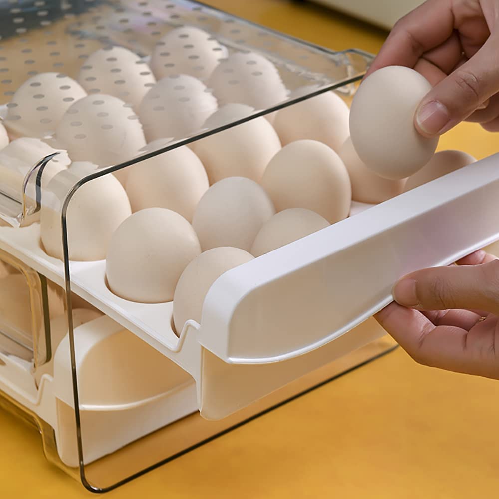 Clear Plastic Refrigerator Egg Storage Container with 2 Drawers & 40 Grids - Egg Holder Organizer for Kitchen Fridge | Perfect for Farm Fresh Eggs, Meal Prep & Space Saving