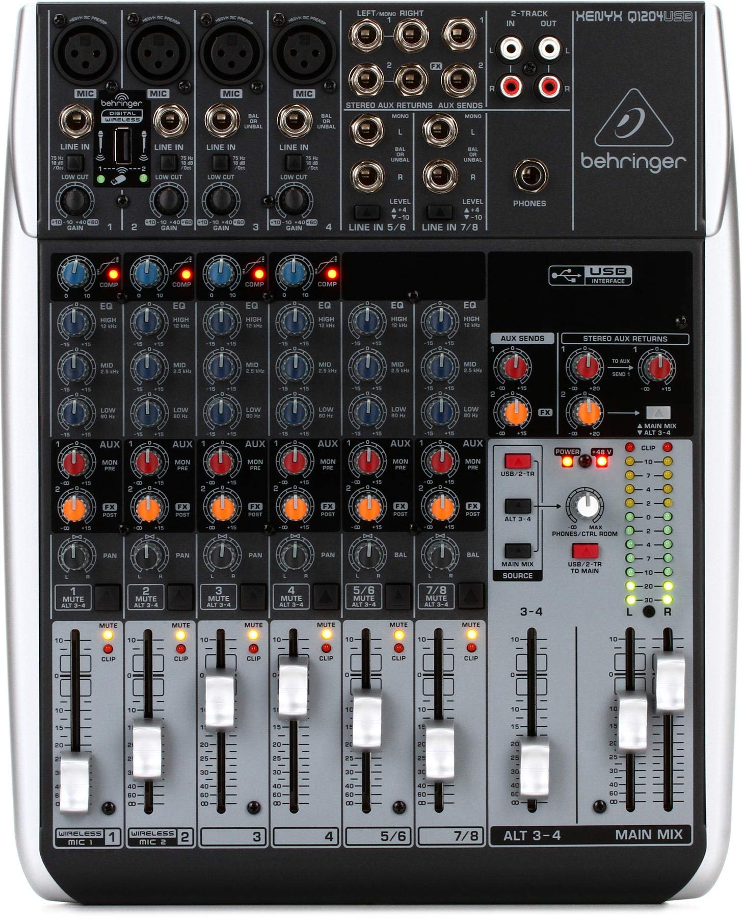 Behringer Xenyx Q1204USB Premium 12-Channel USB Audio Mixer for Live Sound, Recording & Podcasting - Perfect for Musicians, DJs & Content Creators