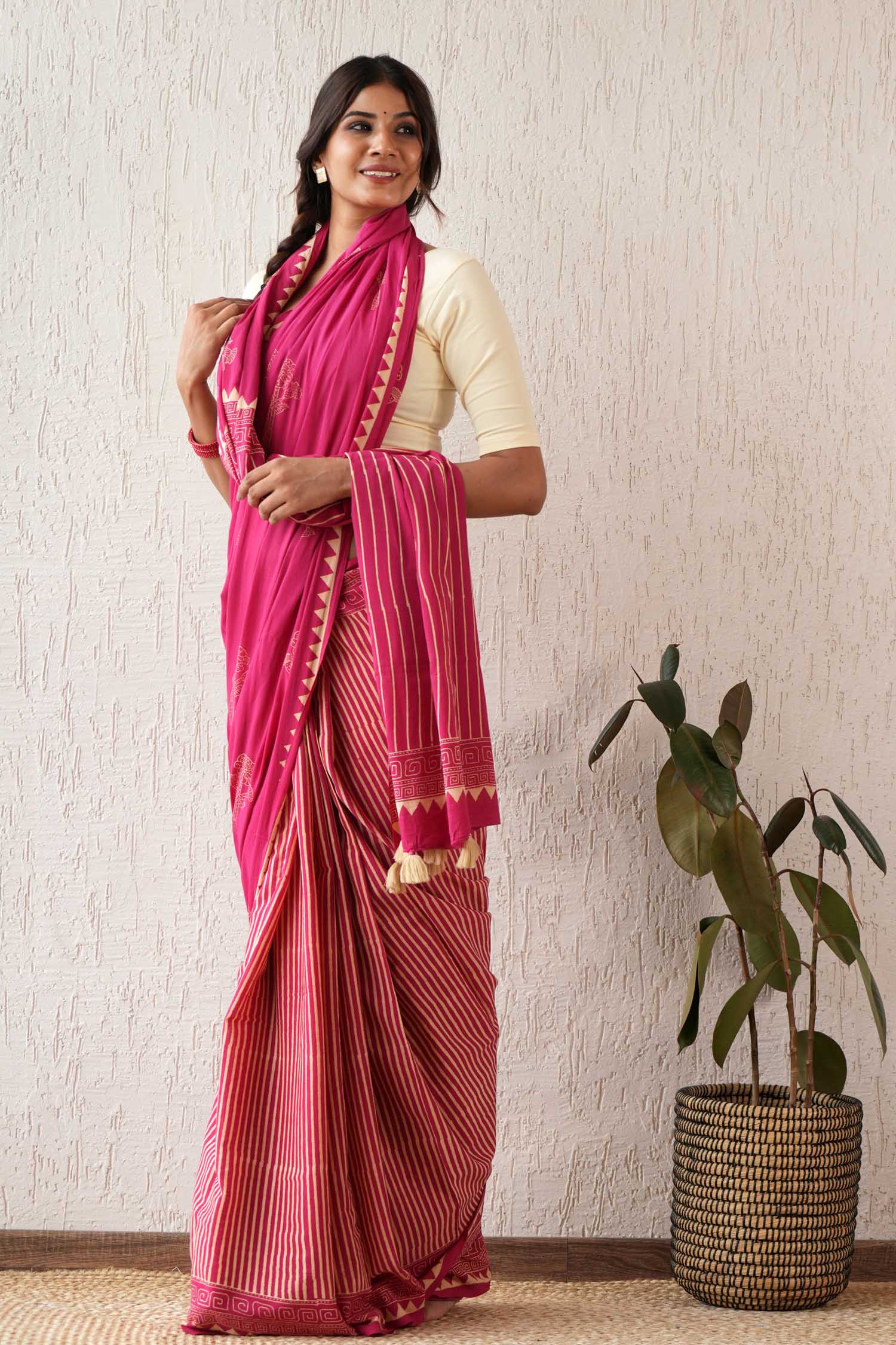 Serene Meadows Hand Block Printed Mulmul Cotton Saree - Elegant Traditional Indian Saree for Women, Perfect for Weddings, Parties & Festive Occasions