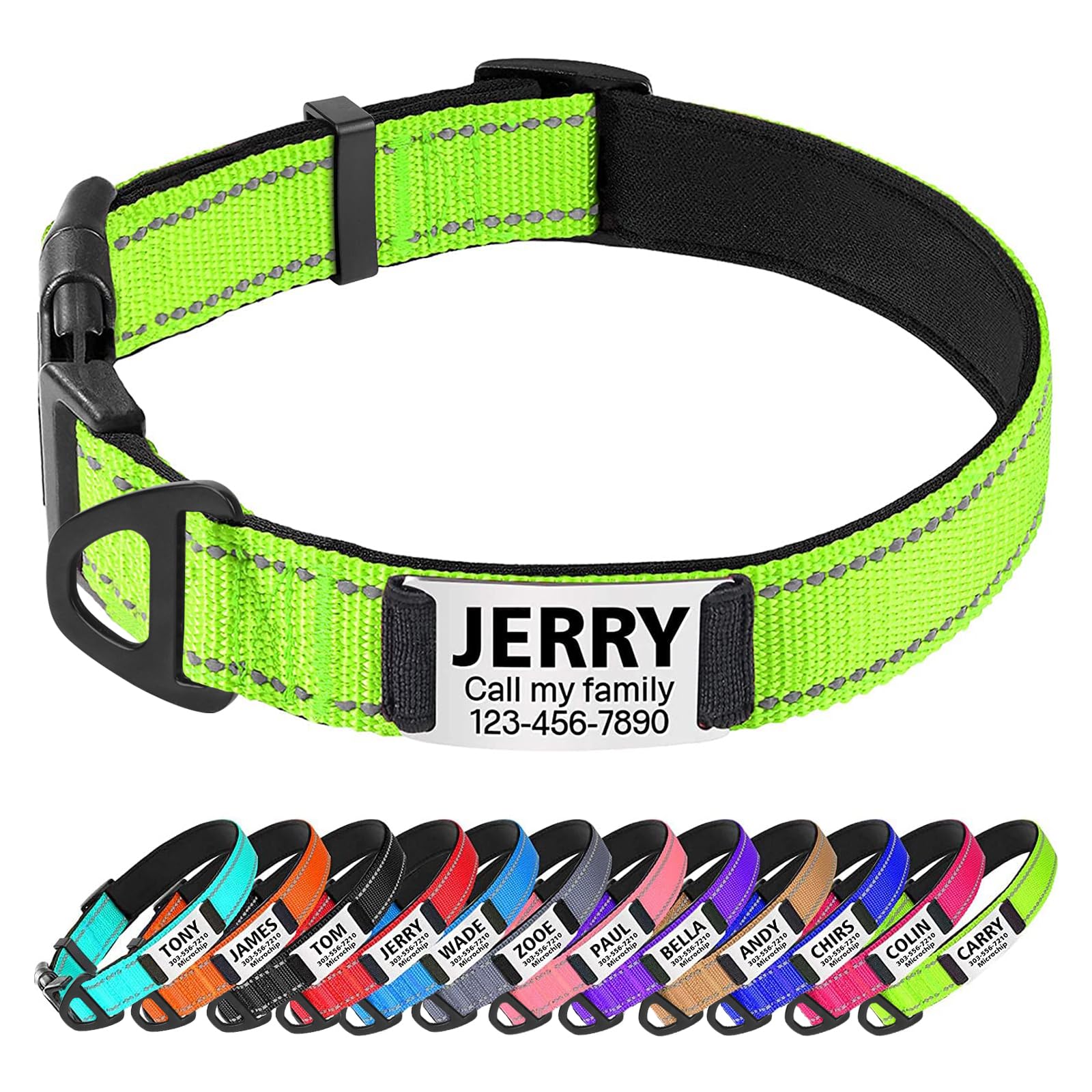 Personalized Reflective Dog Collar with Engraved ID Tag - Custom Name Plate Collar for Small Dogs | Comfortable Padded Design for Daily Walks & Nighttime Safety (Green)
