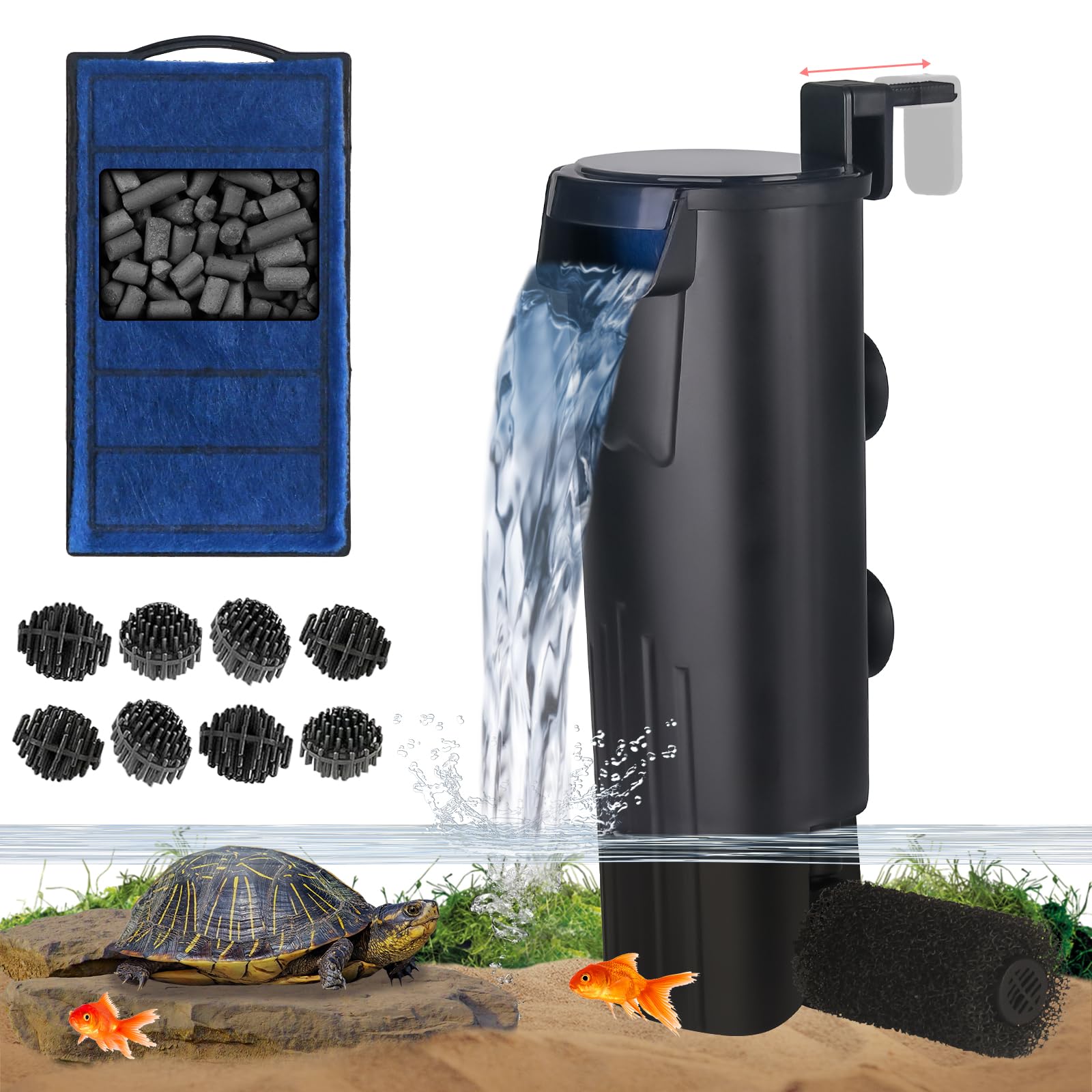 **Turtle Tank Filter - Internal Aquarium Filter for 3-20 Gallon Fish Tanks | Bio-Filtration, Low Water Level, Quiet Canister Filter | Ideal for Frogs, Shrimp, Newts & Betta Fish | Hang-On Back Waterfall Design for Clean Water (Perfect for Small Tanks & Aquatic Pets)**