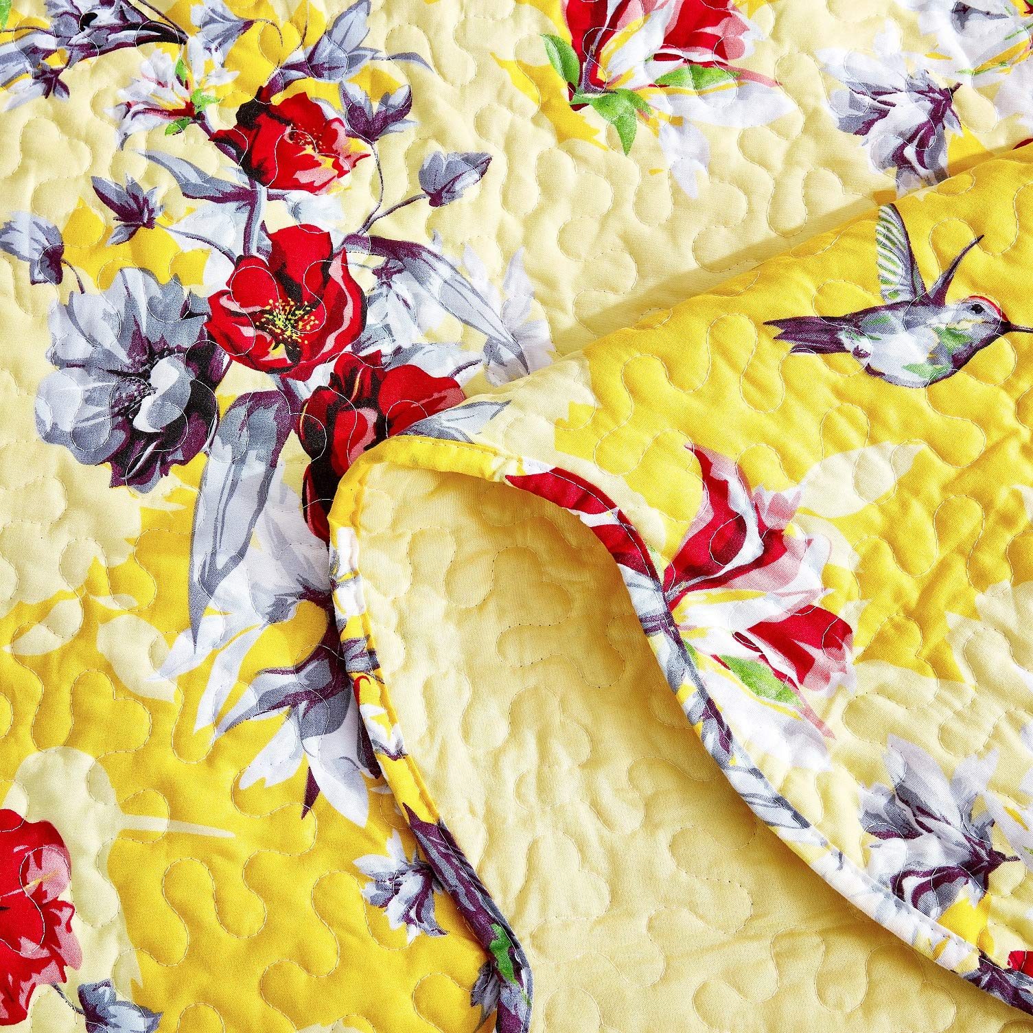DaDalogy 12-Piece Botanical Floral Bedding Set - Radiant Sunshine Yellow Hummingbird Design with Fitted Sheet, Flat Sheet, Euro Shams, Throw Pillow Covers & Window Valance - California King Size for Master Bedroom Decor