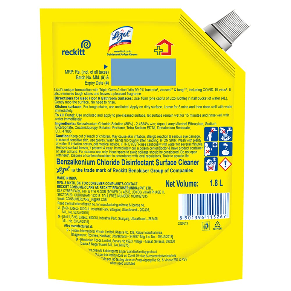 Lizol 1800ml Citrus Disinfectant Surface & Floor Cleaner Liquid Refill - Kills 99.9% Germs | All-Purpose Floor Mop Solution | India's #1 Floor Cleaner | Ideal for Kitchen, Bathroom & High-Traffic Areas