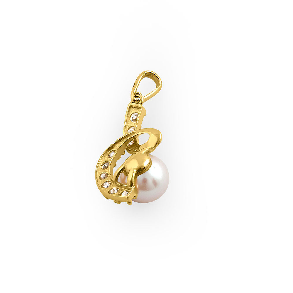 14K Yellow Gold Twisted Pearl and Cubic Zirconia Pendant Necklace - Elegant Jewelry for Women, Perfect for Weddings, Parties, and Special Occasions