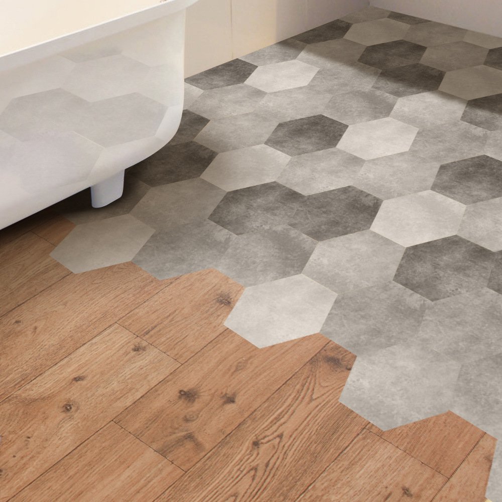 Hexagonal Self-Adhesive Floor Tile Stickers - Non-Slip Waterproof Vinyl Flooring for Kitchen, Bedroom, Bathroom & Balcony - Ash Gray Peel and Stick Tiles (60 Pcs/6 Sets) - Perfect for Home Renovation, DIY Projects & Rental Apartment Upgrades