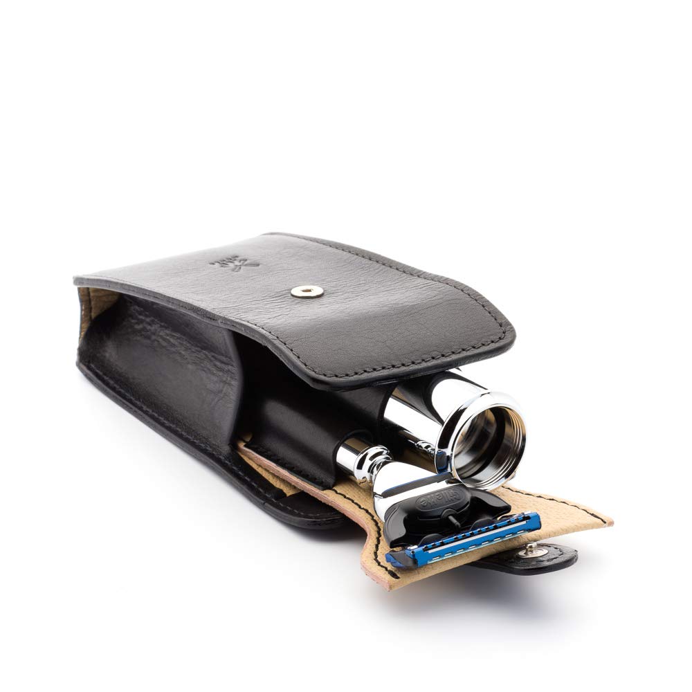 MÜHLE TRAVEL Leather Travel Razor & Shaving Brush Set - Handmade Leather Case for Men's Grooming - Perfect for Business Trips, Camping & Luxury Travel Accessories