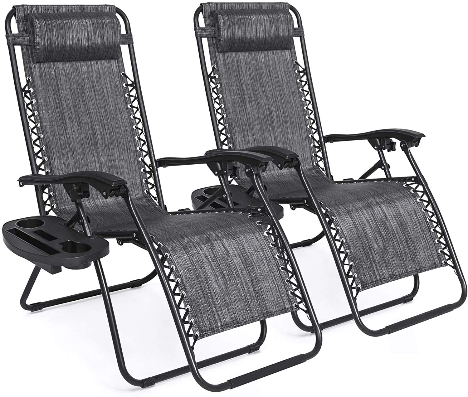 Zero Gravity Lounge Chairs Set of 2 - Adjustable Outdoor Recliners with Pillow & Cup Holder - Patio Furniture for Deck, Backyard, Beach - Gray Folding Chairs for Relaxing, Sunbathing & Outdoor Dining