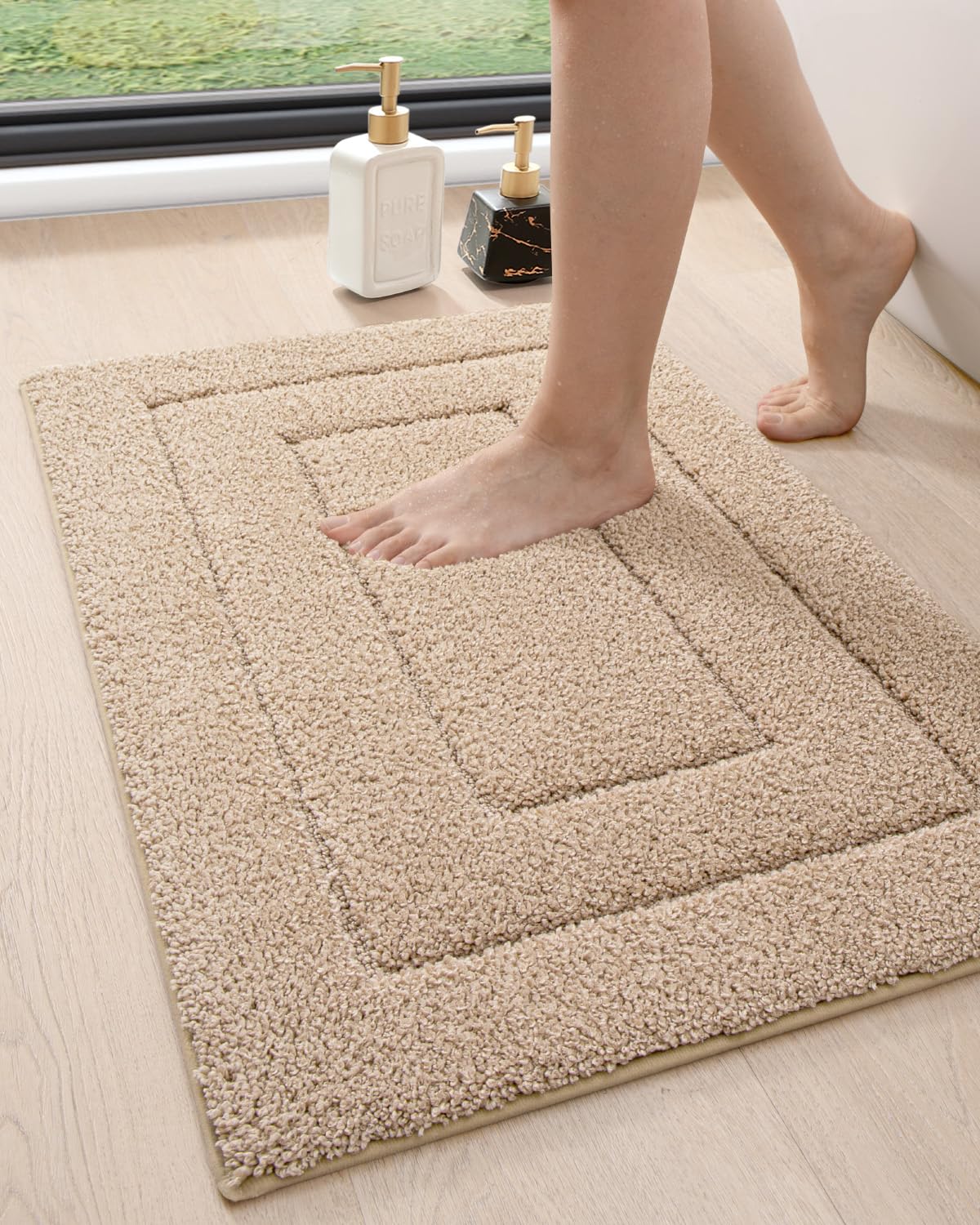 DEXI Non-Slip Bathroom Rug 36x24 Inch, Super Absorbent Quick-Dry Microfiber Shower Mat with Rubber Backing - Machine Washable Bath Carpet for Bathroom Floor Safety & Comfort (Beige) - Perfect for Bathroom, Shower, and Vanity Areas