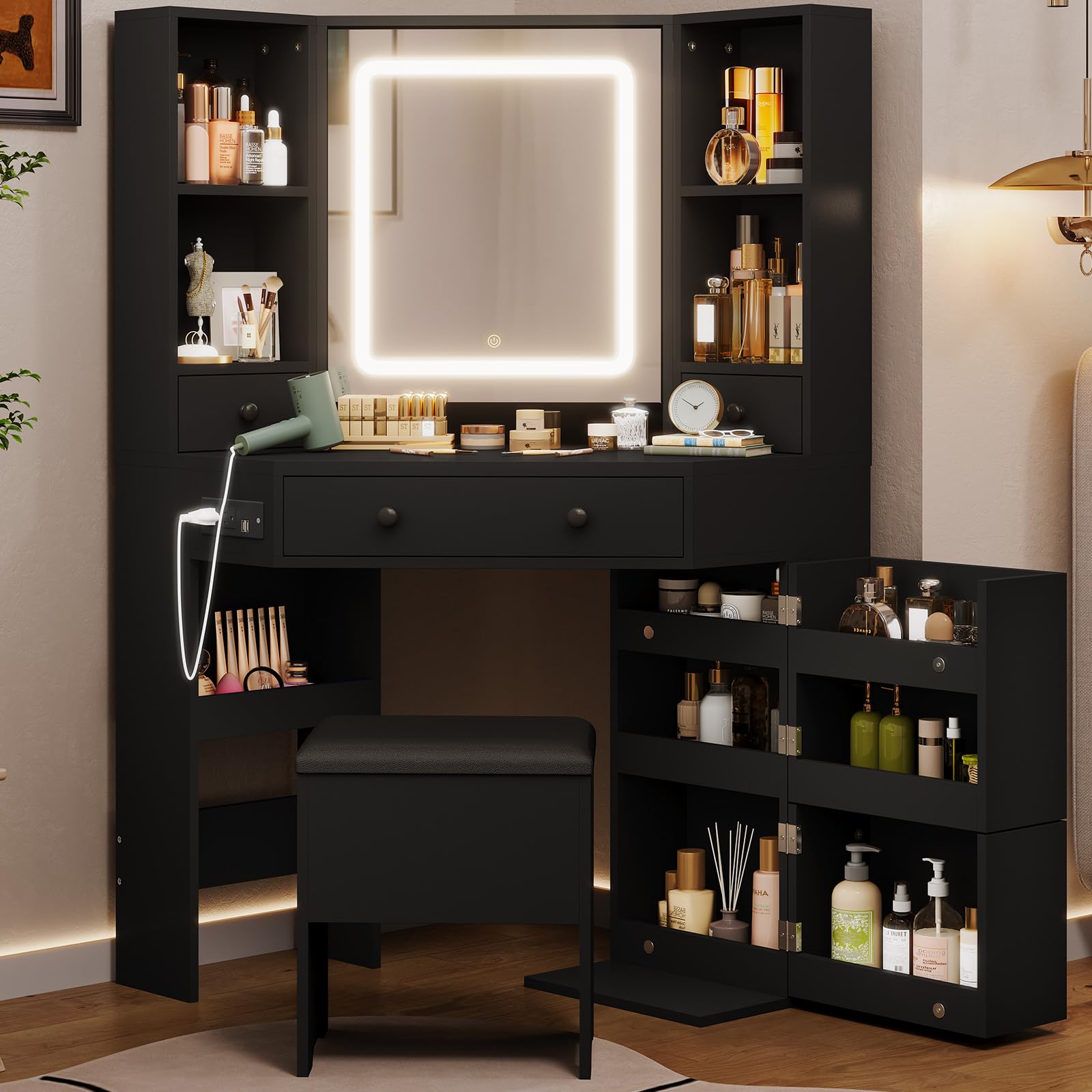 Modern Black Corner Vanity Desk with Mirror & LED Lights - Makeup Vanity Set with Rotating Shelves, Charging Station, Drawers & Storage Stool (3 Light Settings) - Perfect for Bedroom, Dressing Room & Small Space Beauty Organization