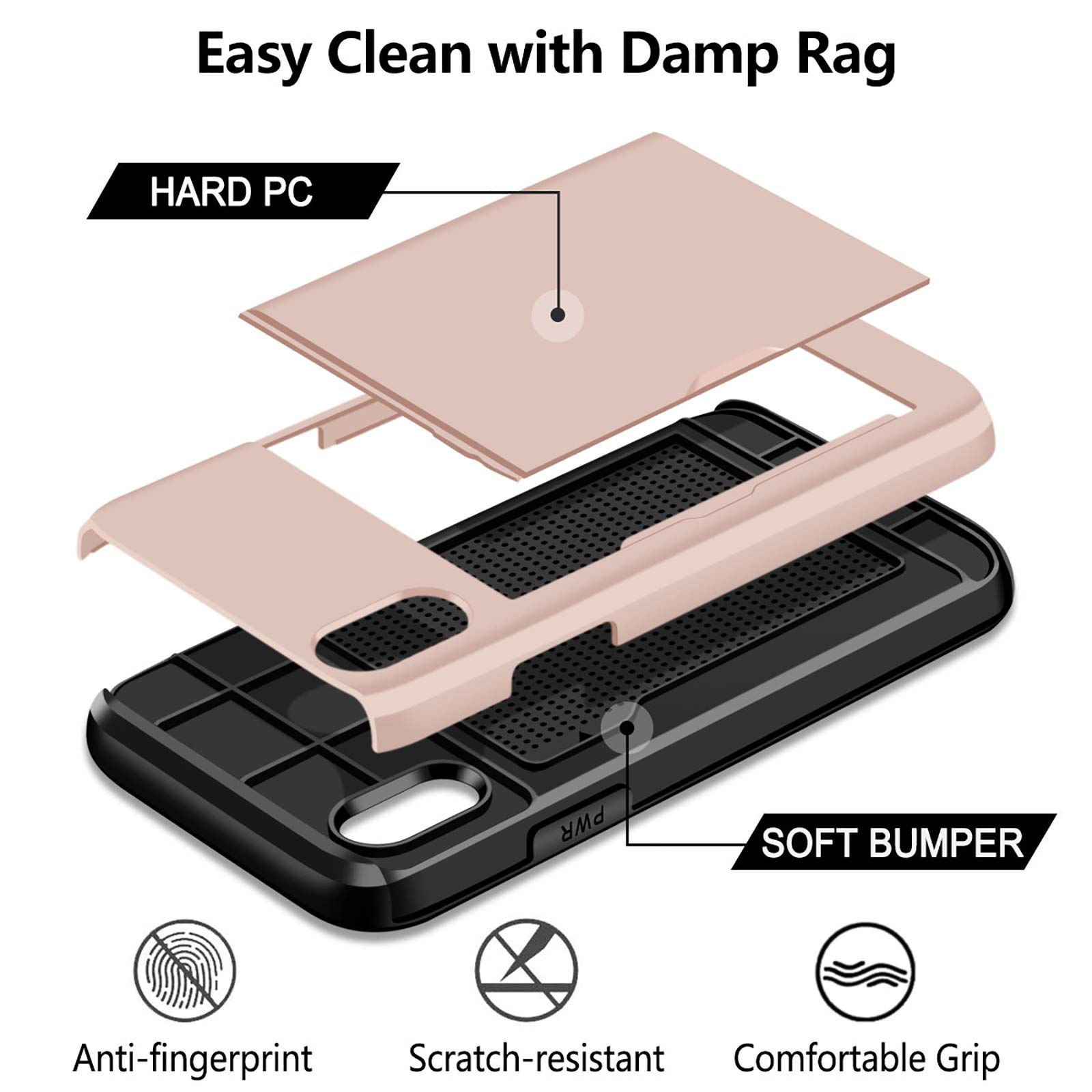 SAMONPOW iPhone XR Wallet Case with Card Holder - Dual Layer Shockproof Protective Cover, Hard PC + Soft Hybrid Rubber, Anti-Scratch, 6.1 Inch (Light Pink) - Perfect for Travel, Shopping & Everyday Use