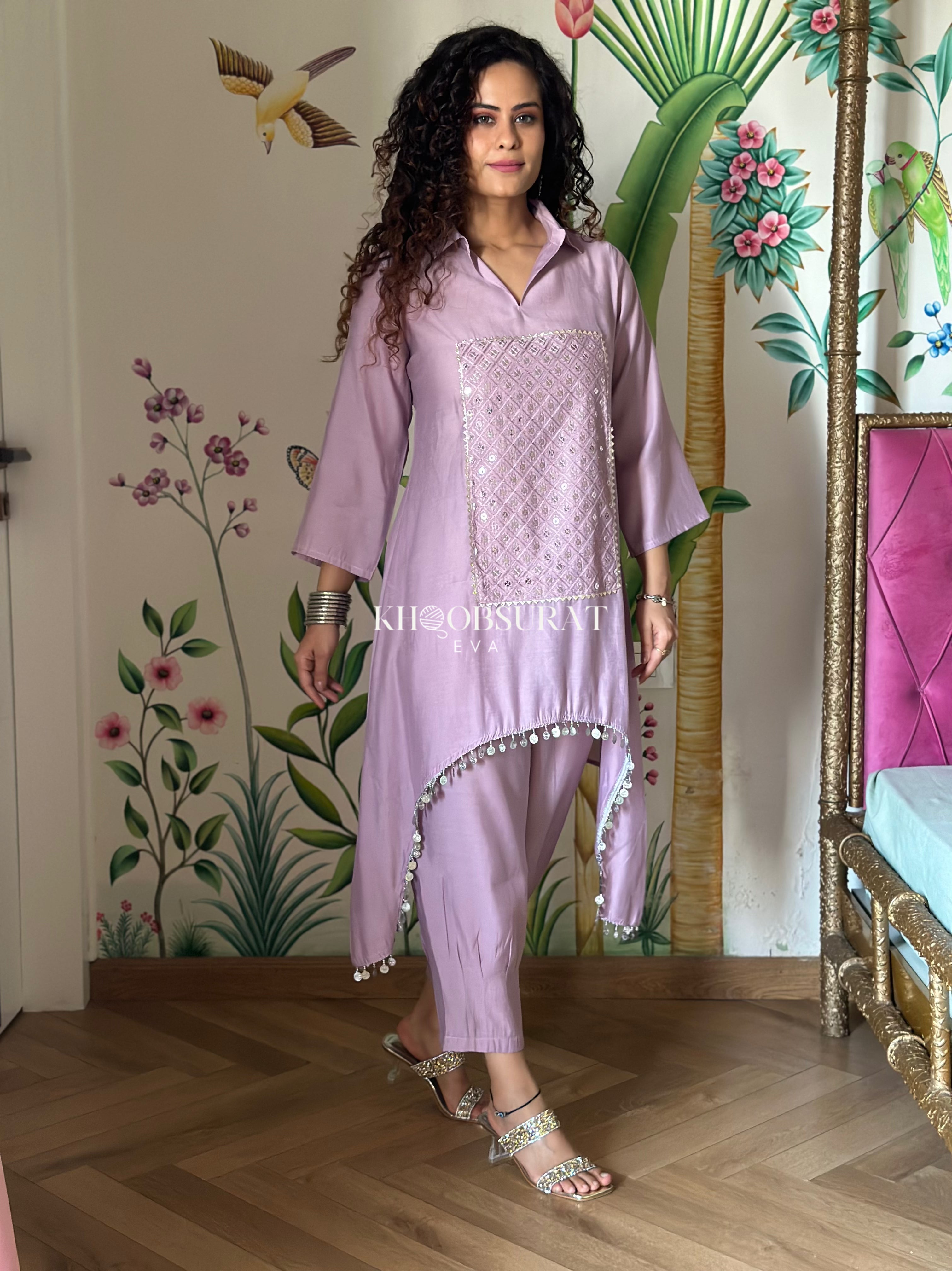 Lavender Sequin Kurta Set for Women | Elegant Embroidered Indian Ethnic Outfit | Perfect for Festivals, Weddings & Special Occasions