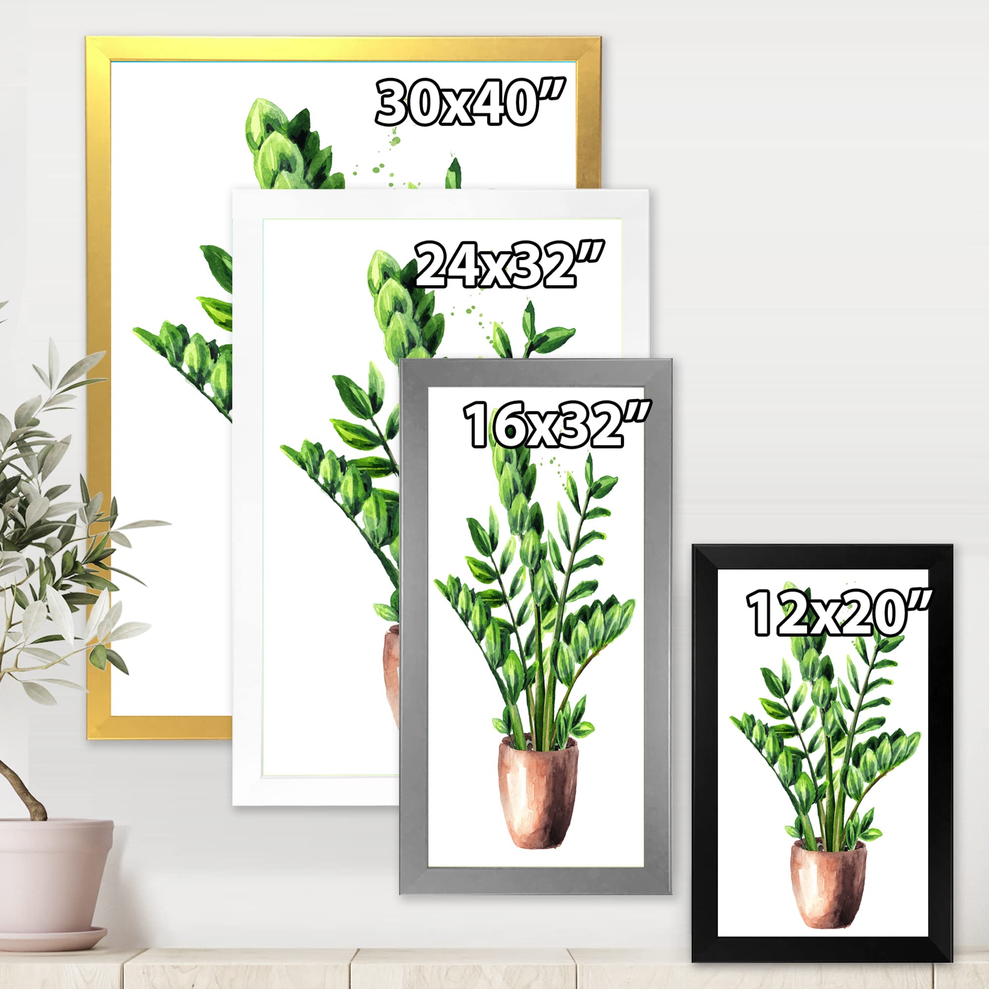 DesignQ Zamioculcas Tropical Plant Green Leaves Framed Wall Art - Home & Office Decor, Living Room, Bedroom, Dining Room Wall Hanging