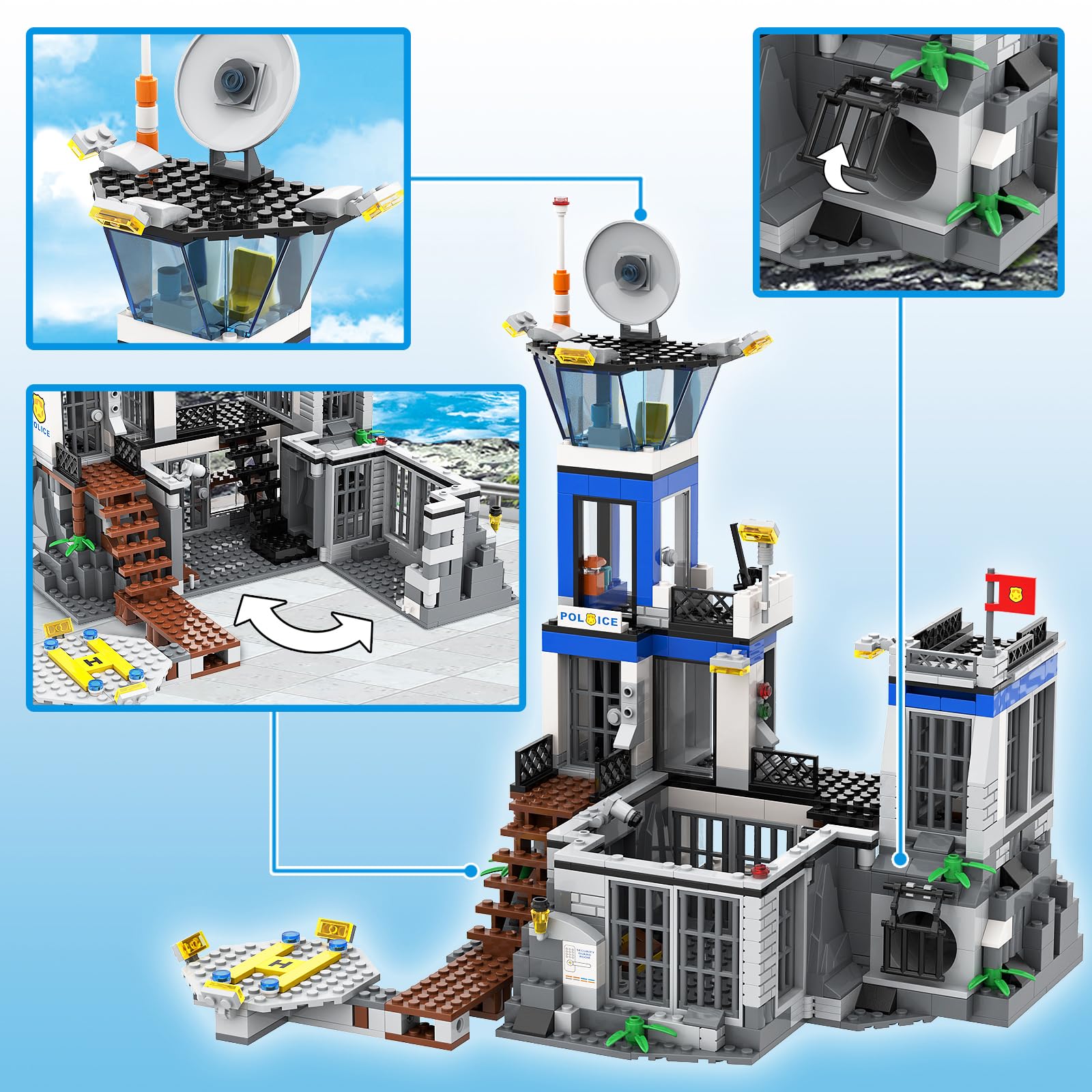 City Police Prison Island Building Blocks Set - 946PCS Police Station Toy Kit with Police Car, Drone, Helicopter & Boats | STEM Educational Gift for Kids Boys Girls Ages 6+ | Creative Play for Role-Playing & Storytelling Scenes