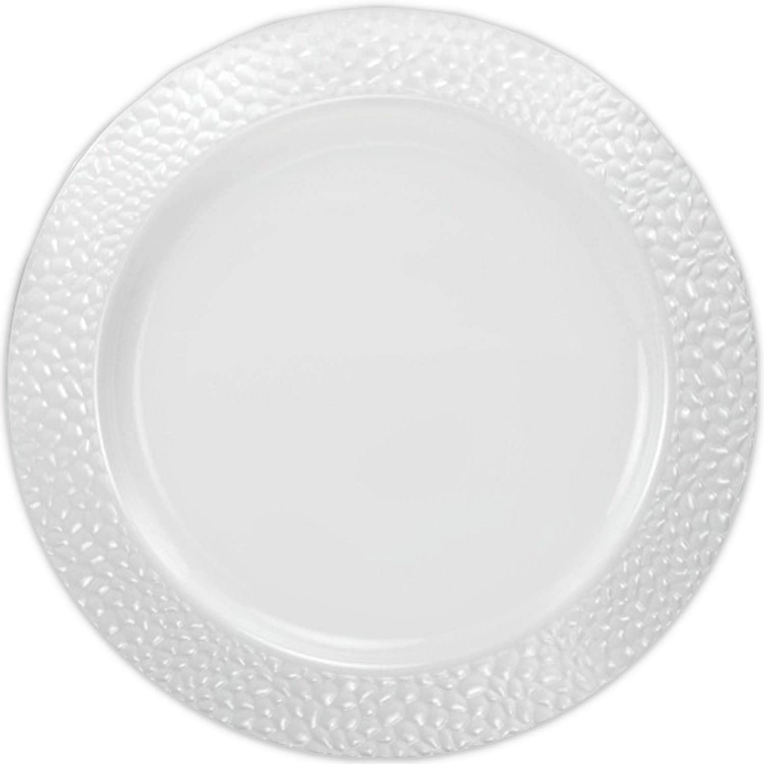 50 Pack White Rim Pebbled Plastic Dinner Plates 10.25 Inch - Durable Disposable Plates for Parties, Picnics, BBQs & Catering Events