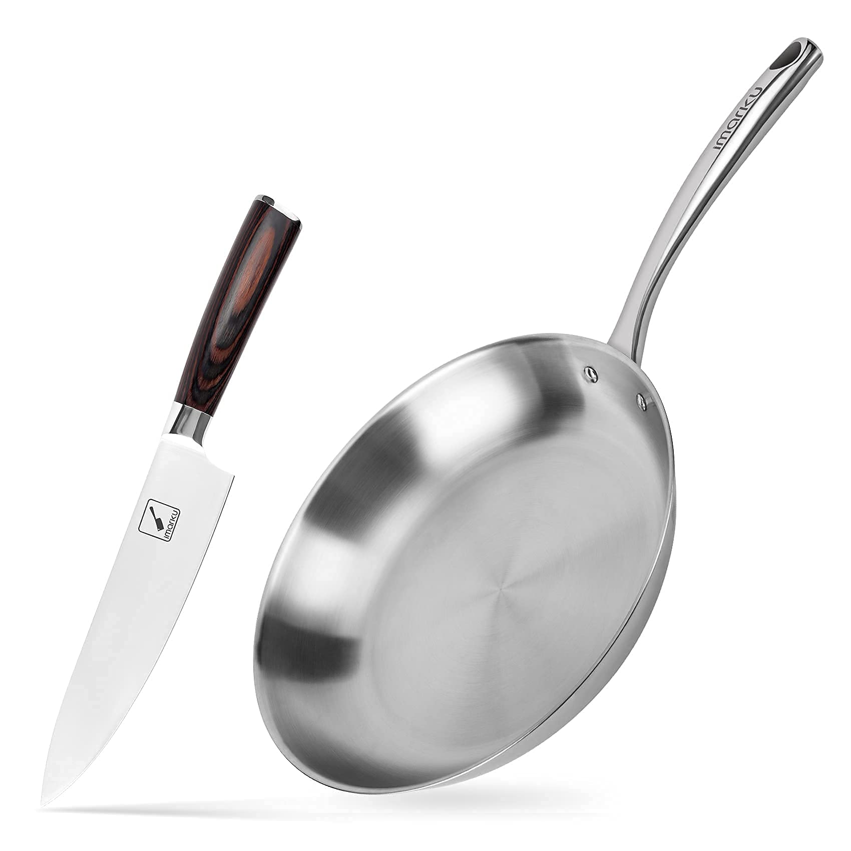 Imarku Professional Chef Knife & 12-Inch Stainless Steel Frying Pan Set - 3-Ply Induction Cookware for Home Kitchen & Restaurant Use - Perfect for Searing, Sautéing & Food Prep