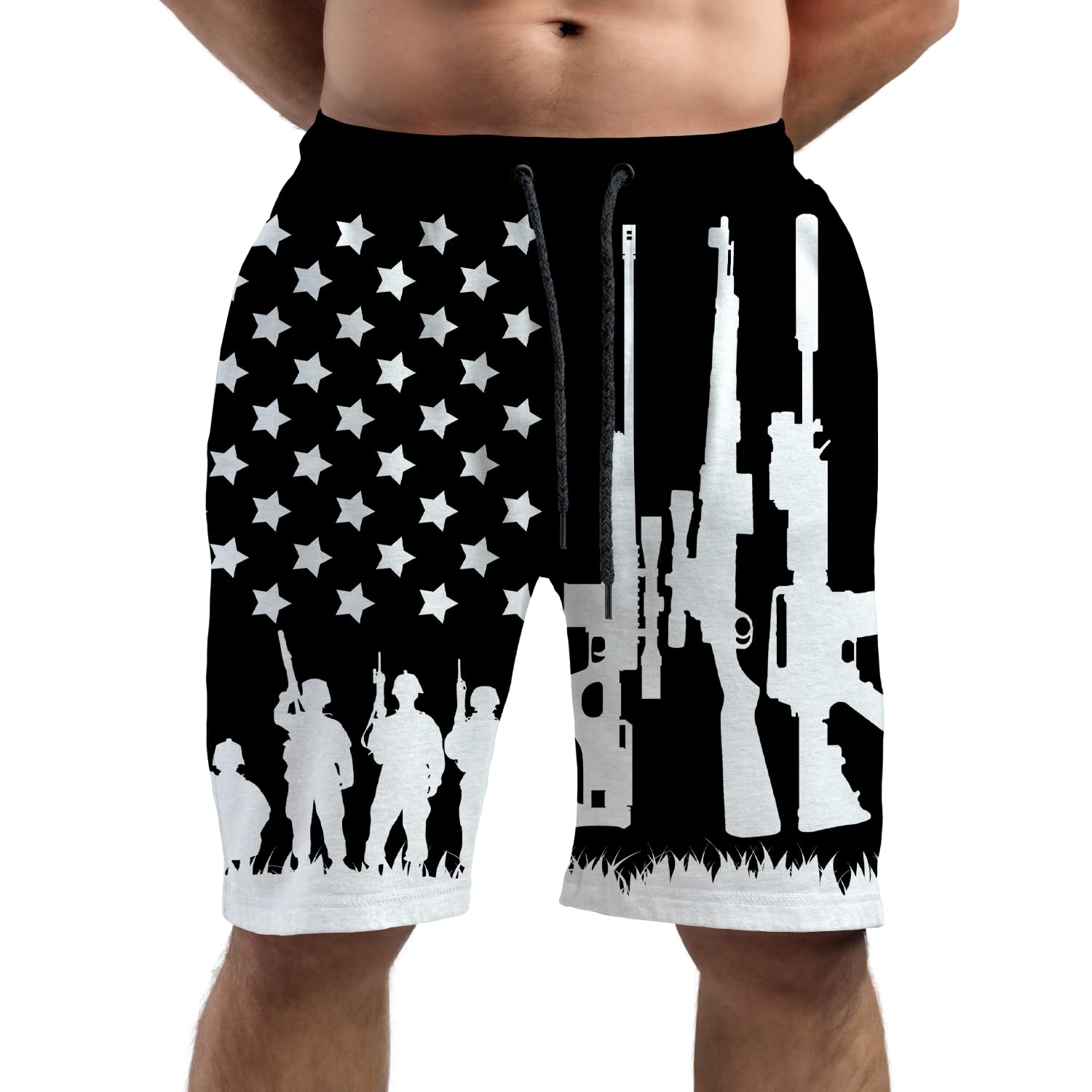 American Flag & Gun Print Men's Swim Trunks - Quick Dry, Elastic Waist with Pockets - Funny Patriotic Beach Shorts for Swimming, Surfing & Summer Vacations
