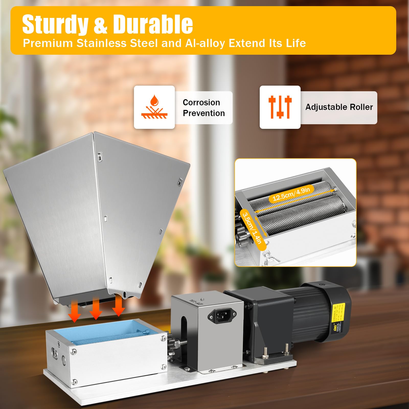 SHZICMY 60W Electric Grain Mill Grinder - Stainless Steel Barley Malt Crusher for Home Brewing, Cereal, Beans - Food Grade with 4x Hopper - Perfect for Home Brewers, Bakers & Healthy Cooking