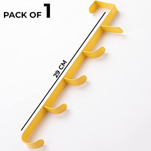 Kuber Industries 5-Tier Over The Door Hanger - Space Saving Clothes Organizer & Multipurpose Towel Rack with Durable Iron Spray Coating - Easy Install Interchangeable Hooks for Bathroom, Bedroom, Closet Organization (Yellow, Model ZT-3115) | Perfect for Small Spaces, Dorm Rooms & Apartment Storage Solutions