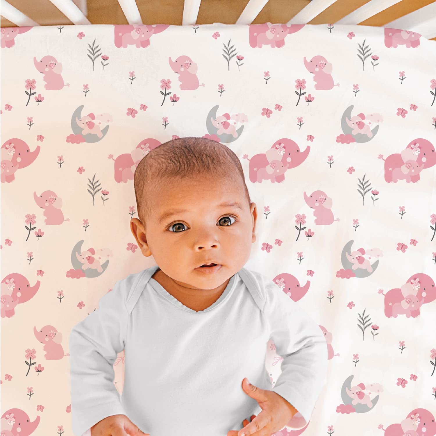 Pink Elephant Baby Nursery Decor Set - 4 Piece Crib Bedding Set with Comforter, Fitted Sheet, Mobile & Dust Ruffle | Soft Cotton Nursery Collection for Girls & Boys | Perfect for Baby Showers, Newborn Gifts & Nursery Decorating