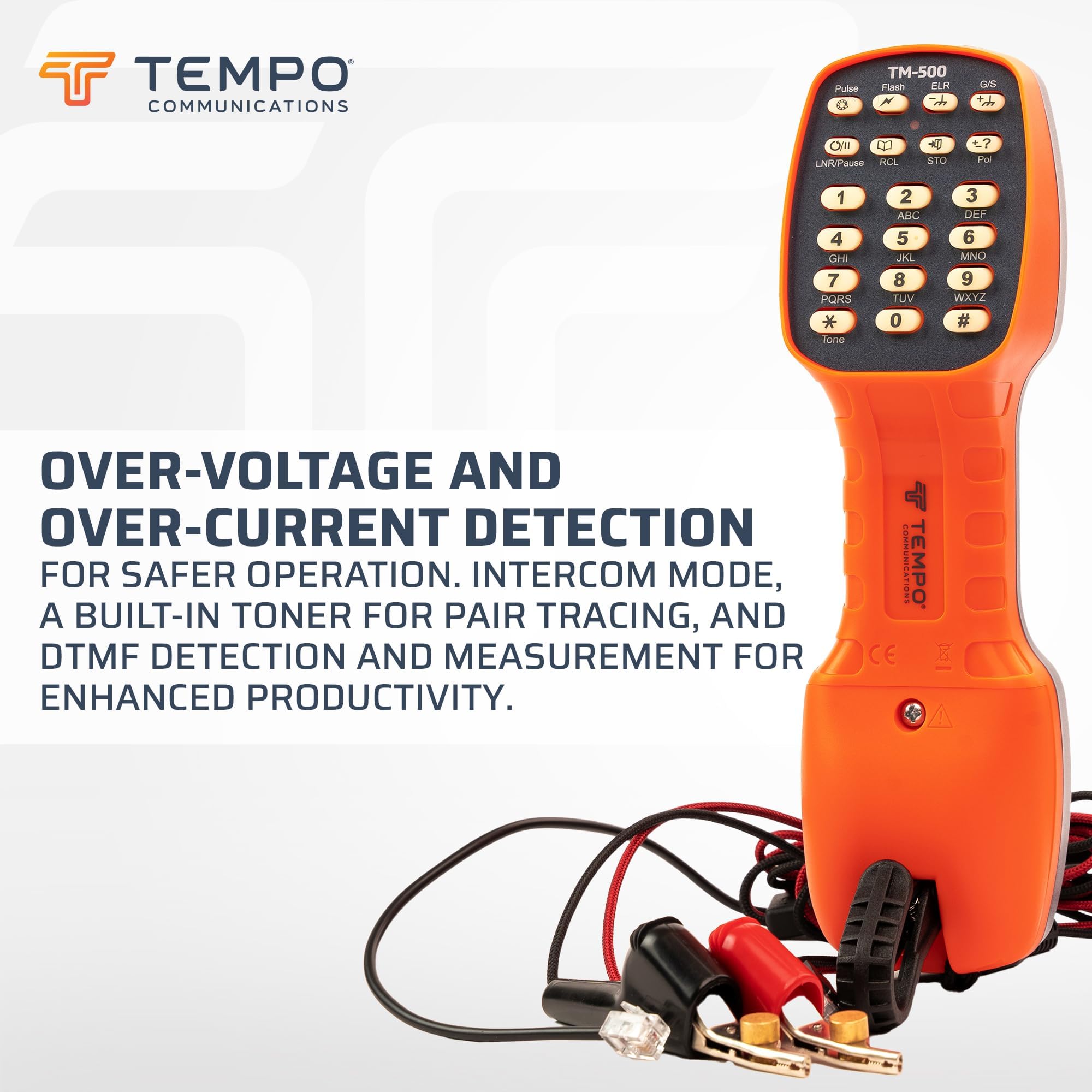 TEMPO Communications TM-500 Telephone Test Set - DSL-Compatible Lineman's Butt Set with Headset, Tone & Pulse Dialing, ABN Bed of Nails & Alligator Clips - Ideal for Telecom Technicians, Network Installers & DSL Line Testing