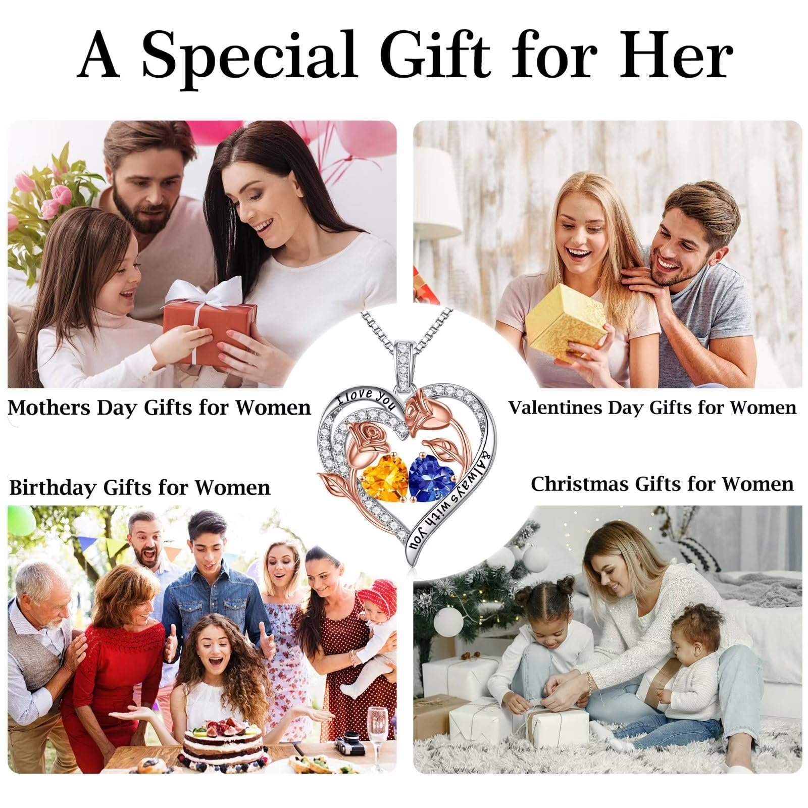 925 Sterling Silver Rose Heart Birthstone Necklace for Women - Personalized Birthday, Anniversary & Mother's Day Jewelry Gift for Wife, Mom, Daughter | Elegant Everyday Wear & Special Occasion Present